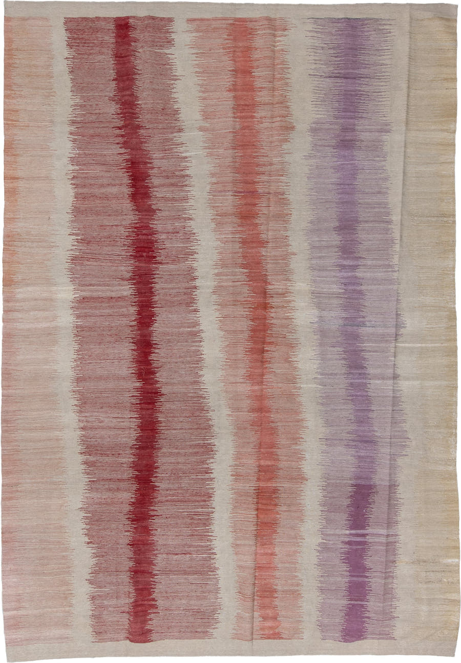 8' x 12' one-of-a-kind handmade vintage Kilim large size rug. Color palette: ivory, rose, lavender, coral, crimson, beige
