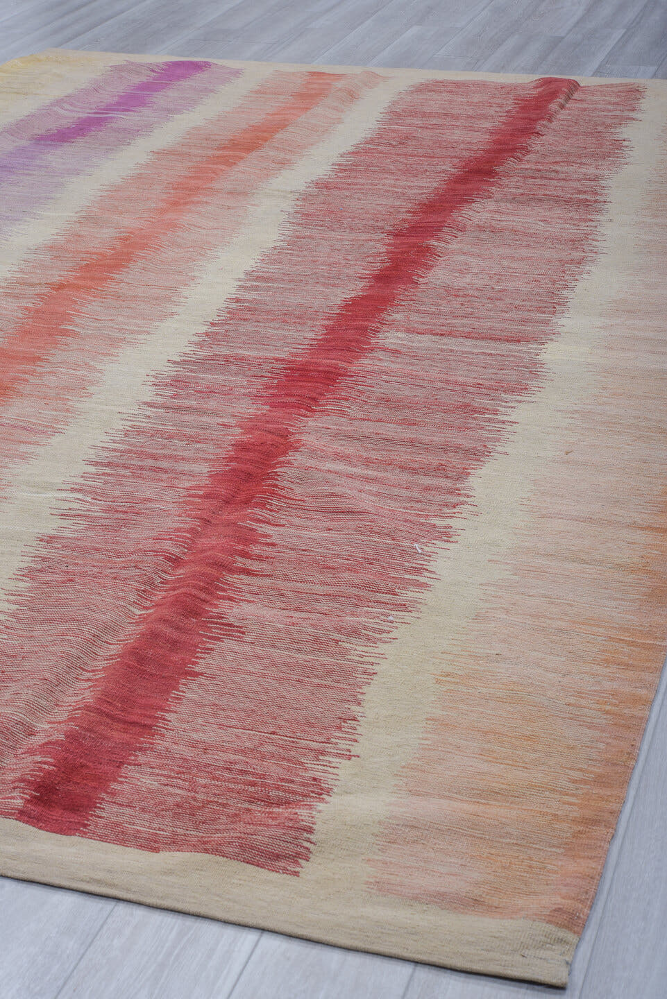 8' x 12' one-of-a-kind handmade vintage Kilim large size rug. Color palette: ivory, rose, lavender, coral, crimson, beige