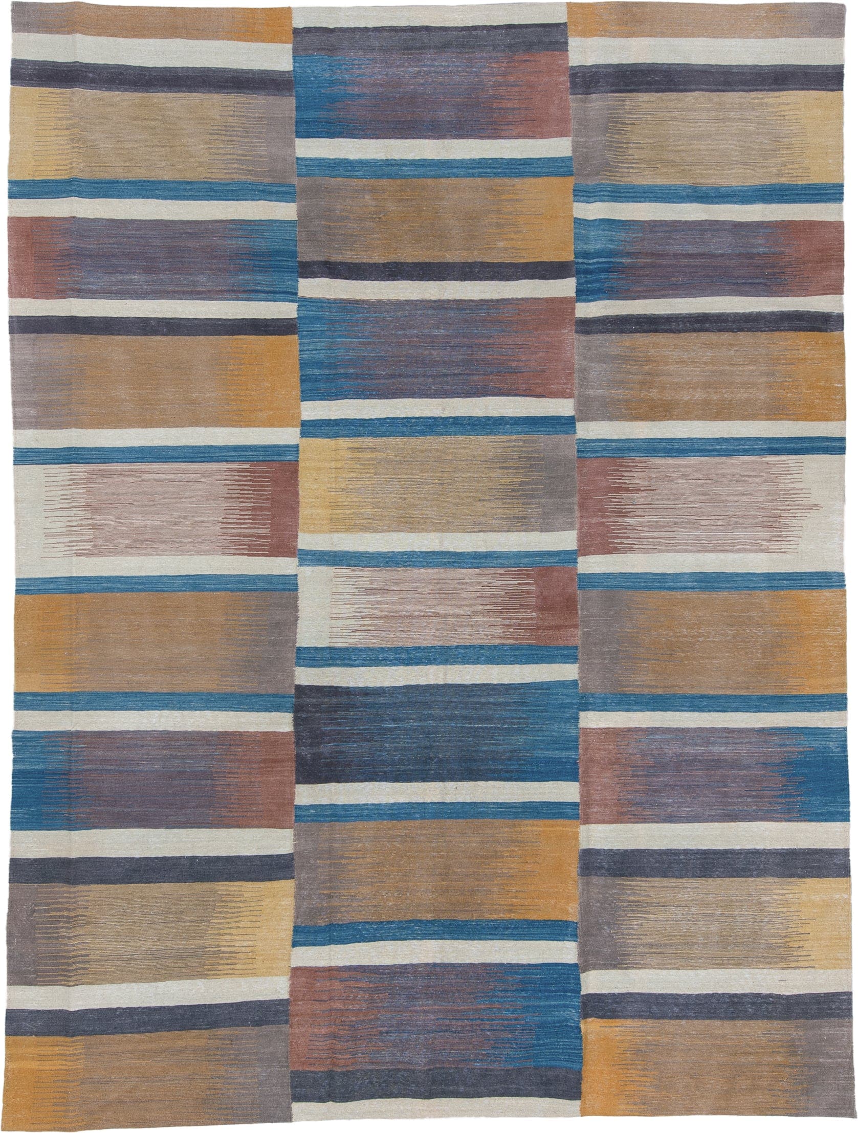 8' x 12' one-of-a-kind handmade vintage Kilim large size rug. Color palette: camel, ivory, blue, slate, dusty rose, taupe
