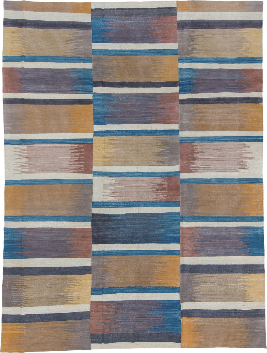 8' x 12' one-of-a-kind handmade vintage Kilim large size rug. Color palette: camel, ivory, blue, slate, dusty rose, taupe