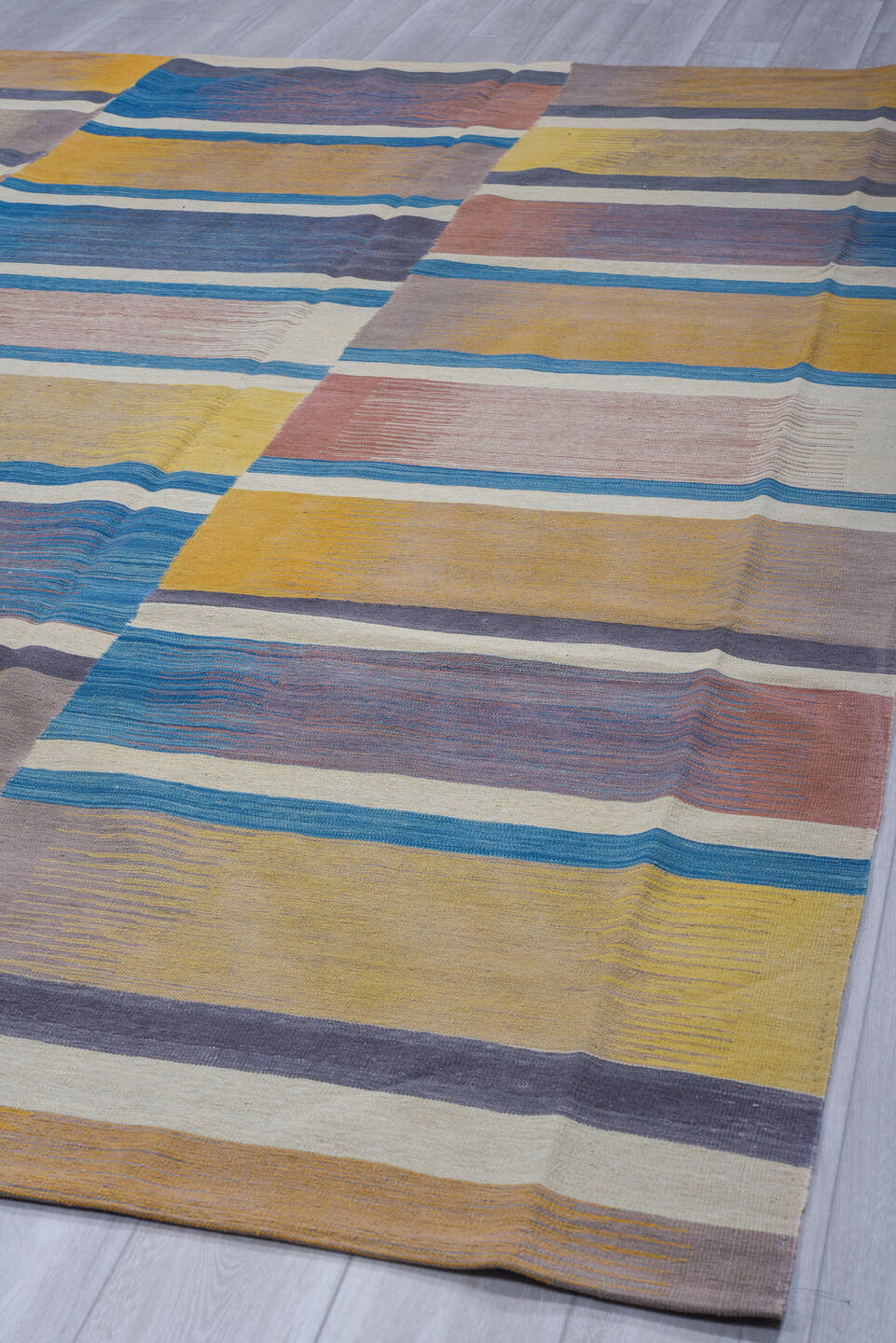 8' x 12' one-of-a-kind handmade vintage Kilim large size rug. Color palette: camel, ivory, blue, slate, dusty rose, taupe