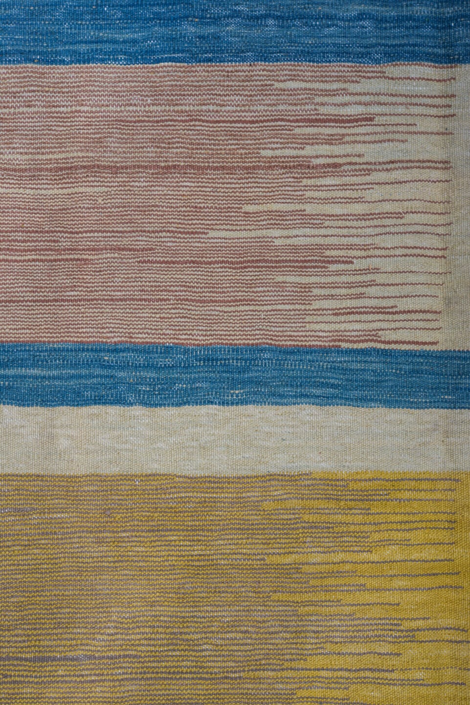 8' x 12' one-of-a-kind handmade vintage Kilim large size rug. Color palette: camel, ivory, blue, slate, dusty rose, taupe