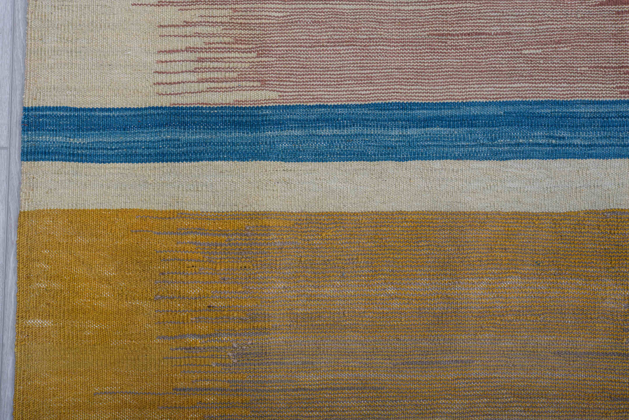 8' x 12' one-of-a-kind handmade vintage Kilim large size rug. Color palette: camel, ivory, blue, slate, dusty rose, taupe