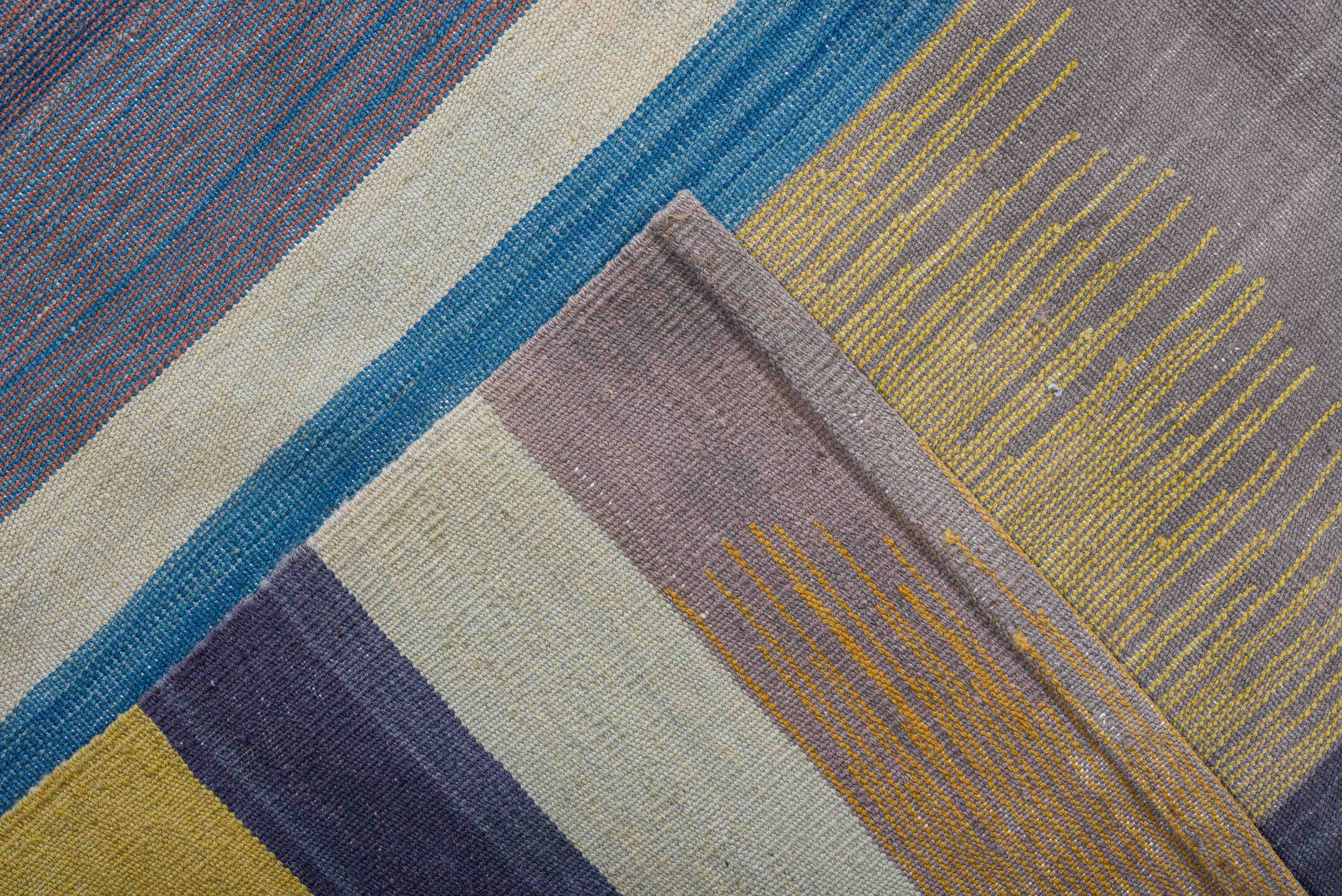 8' x 12' one-of-a-kind handmade vintage Kilim large size rug. Color palette: black, blue, brown, gray, light blue