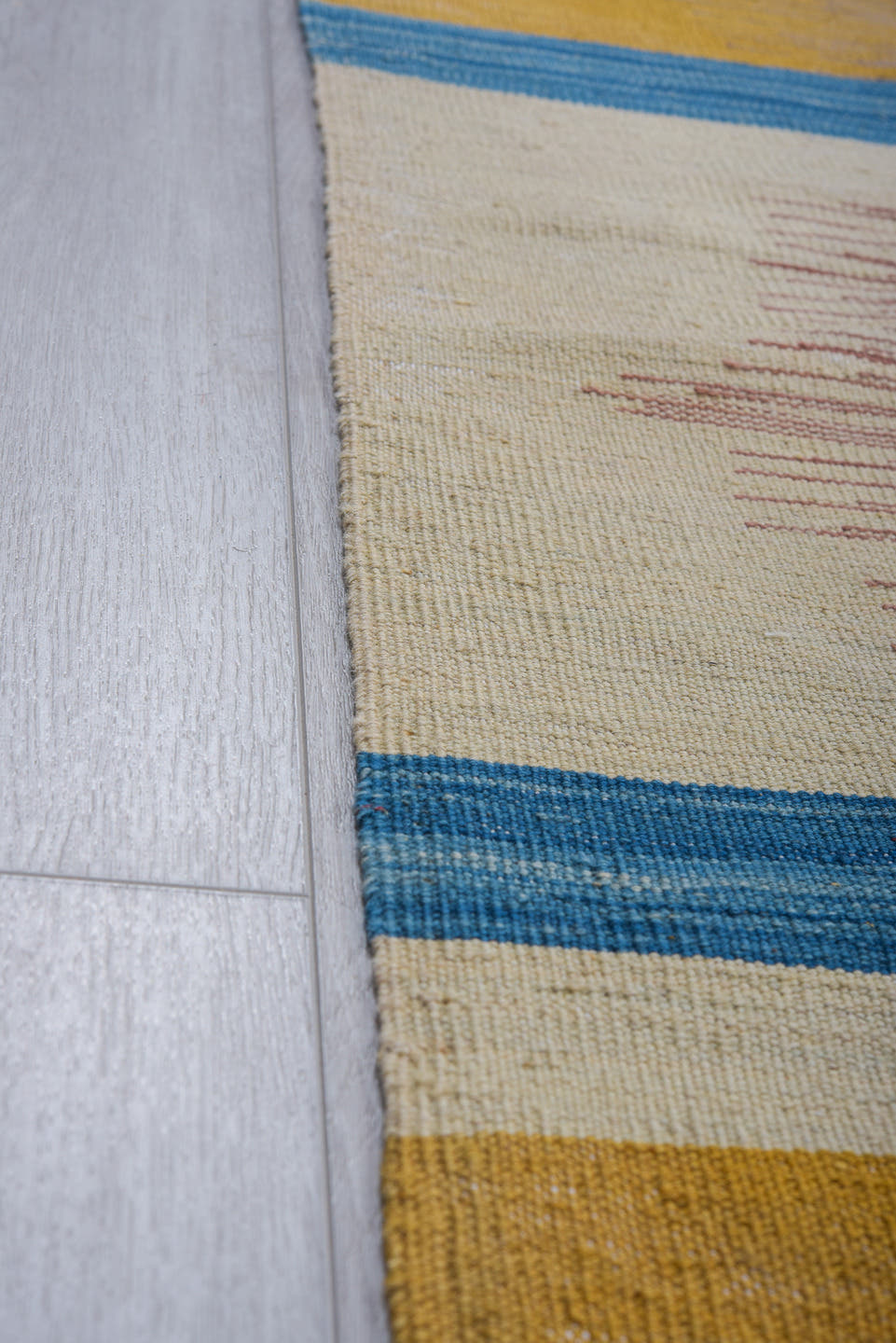 8' x 12' one-of-a-kind handmade vintage Kilim large size rug. Color palette: camel, ivory, blue, slate, dusty rose, taupe