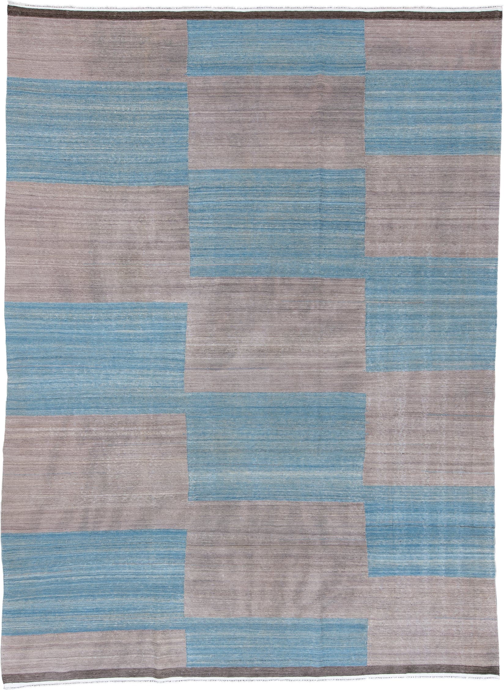 8' x 11' one-of-a-kind handmade vintage Kilim large size rug. Color palette: taupe, sky blue, charcoal, ivory, beige, gray