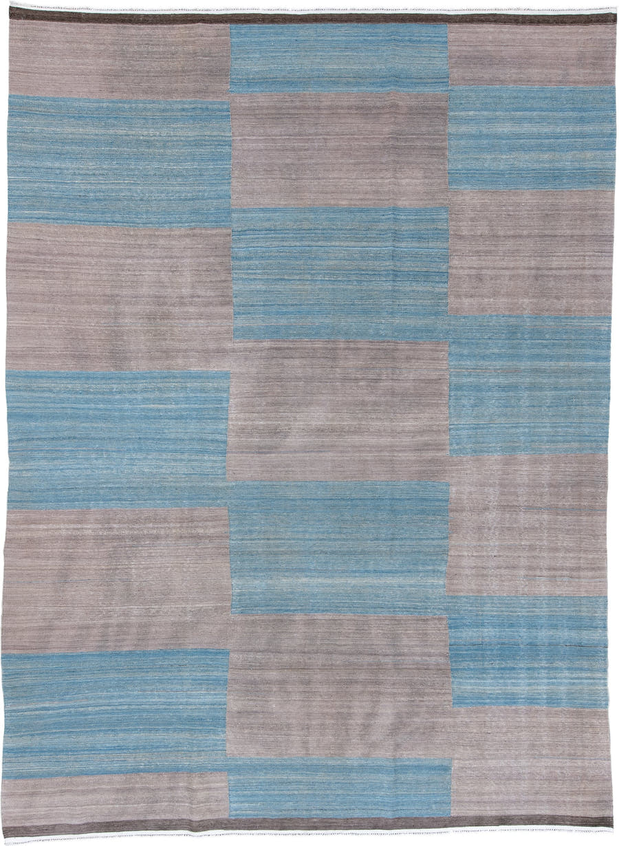 8' x 11' one-of-a-kind handmade vintage Kilim large size rug. Color palette: taupe, sky blue, charcoal, ivory, beige, gray