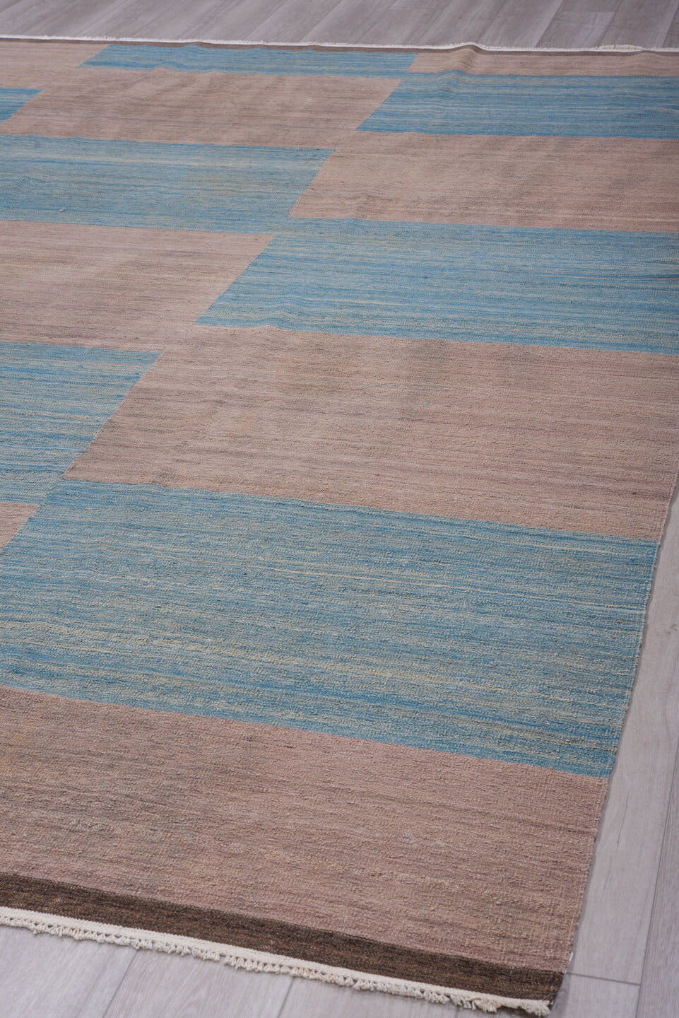 8' x 11' one-of-a-kind handmade vintage Kilim large size rug. Color palette: taupe, sky blue, charcoal, ivory, beige, gray