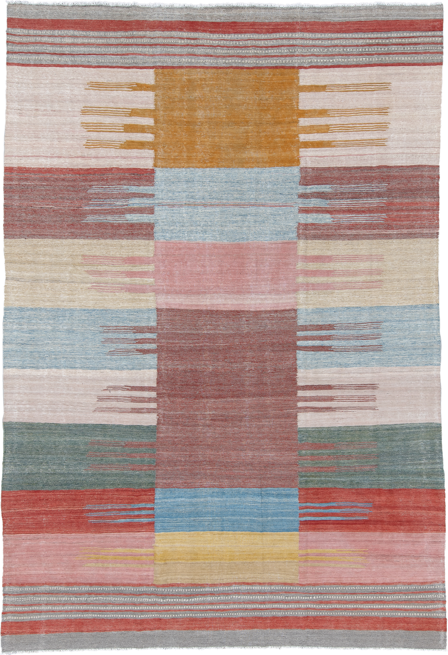 8' x 12' one-of-a-kind handmade vintage Kilim large size rug. Color palette: rose, rust, ivory, sky_blue, sage, gold, taupe
