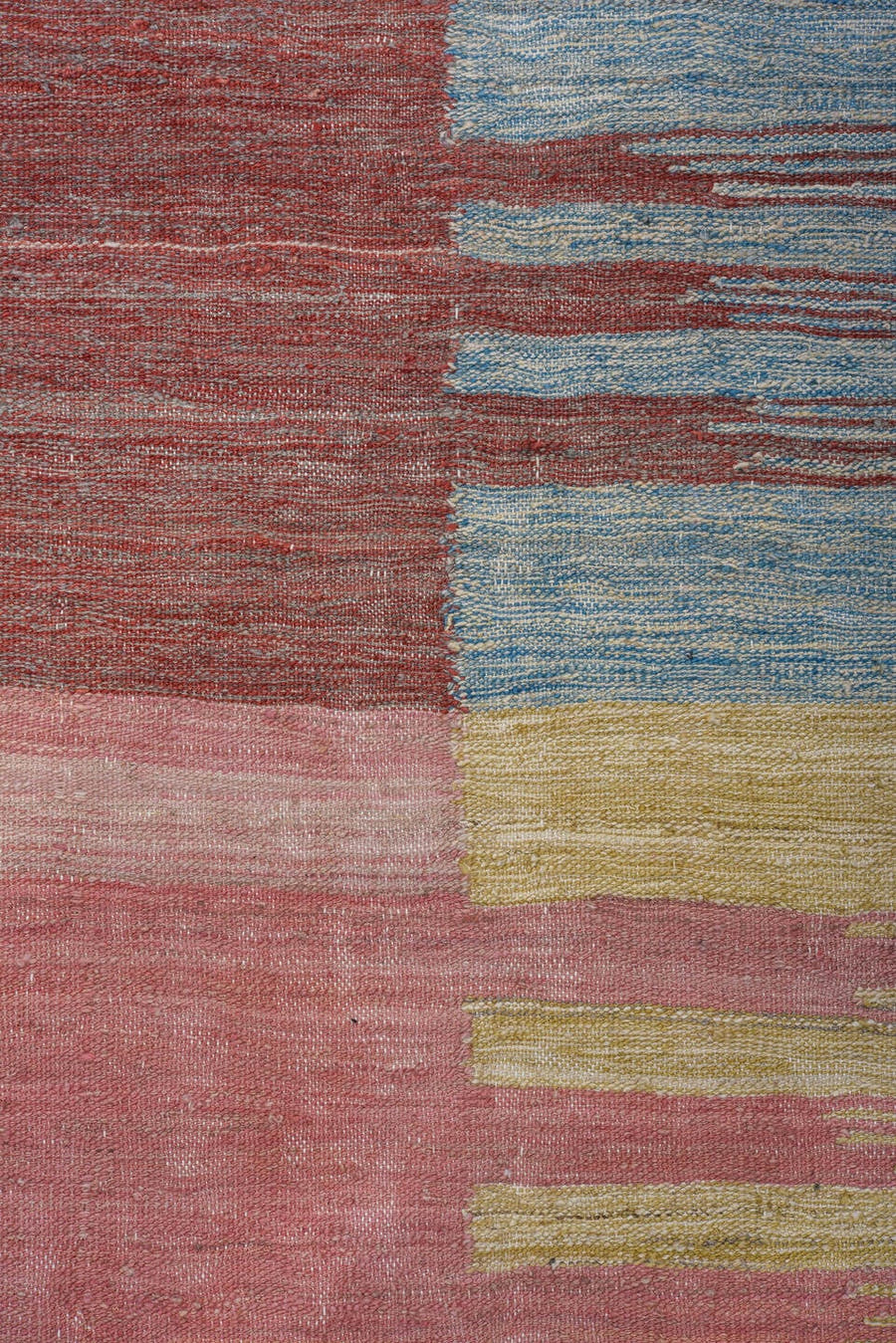 8' x 12' one-of-a-kind handmade vintage Kilim large size rug. Color palette: rose, rust, ivory, sky_blue, sage, gold, taupe