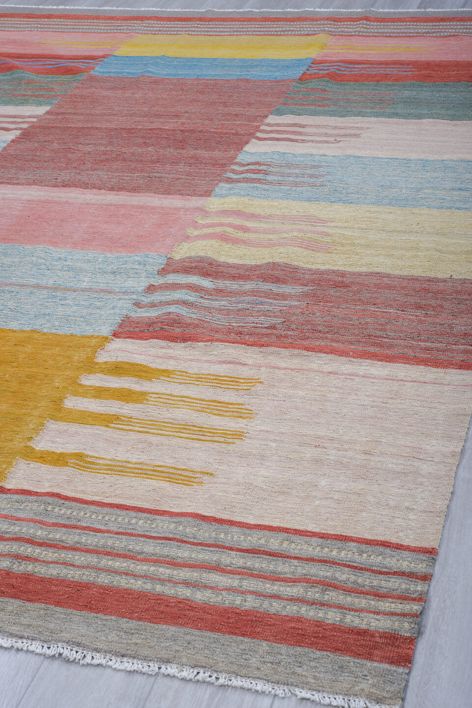 8' x 12' one-of-a-kind handmade vintage Kilim large size rug. Color palette: rose, rust, ivory, sky_blue, sage, gold, taupe