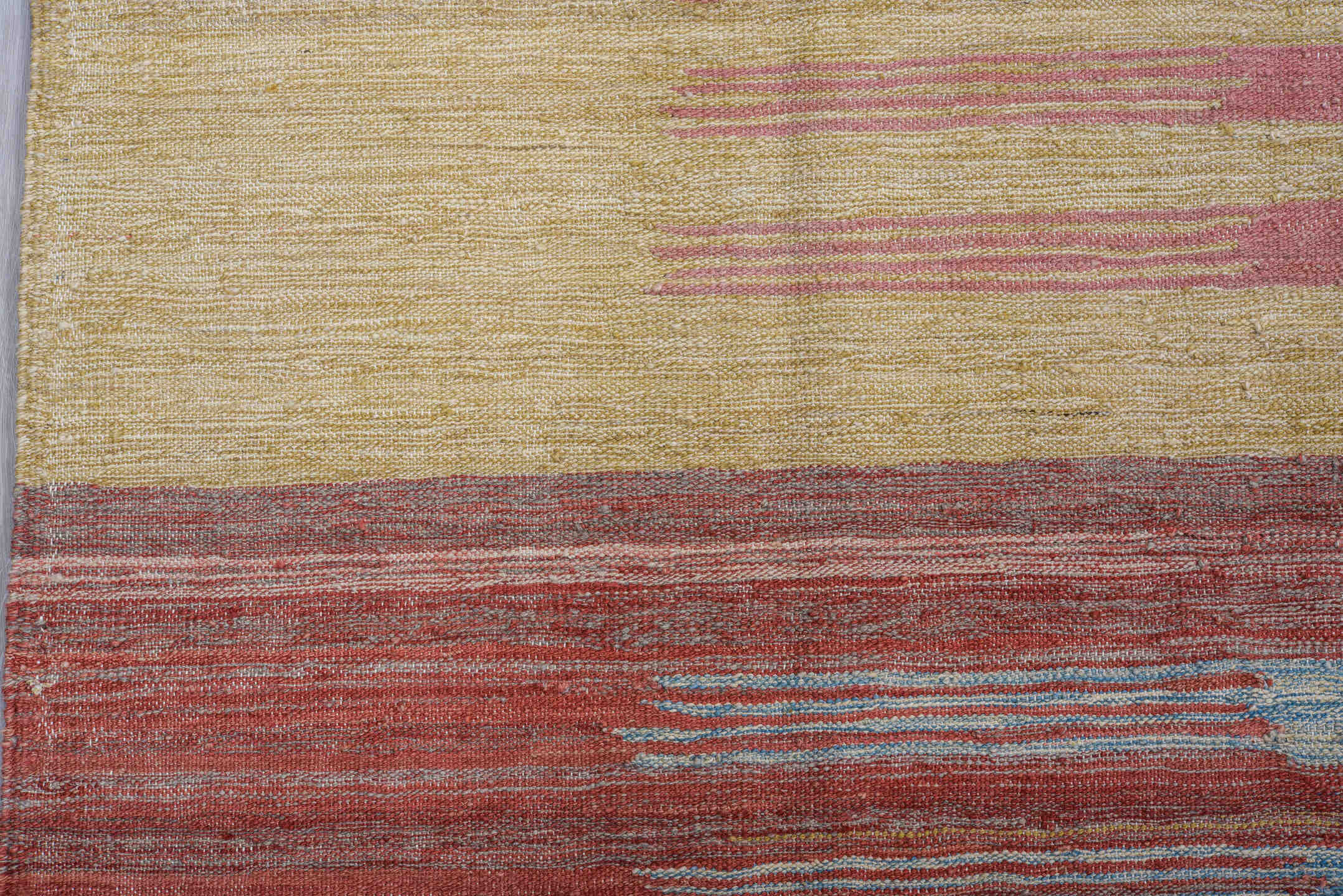 8' x 12' one-of-a-kind handmade vintage Kilim large size rug. Color palette: rose, rust, ivory, sky_blue, sage, gold, taupe