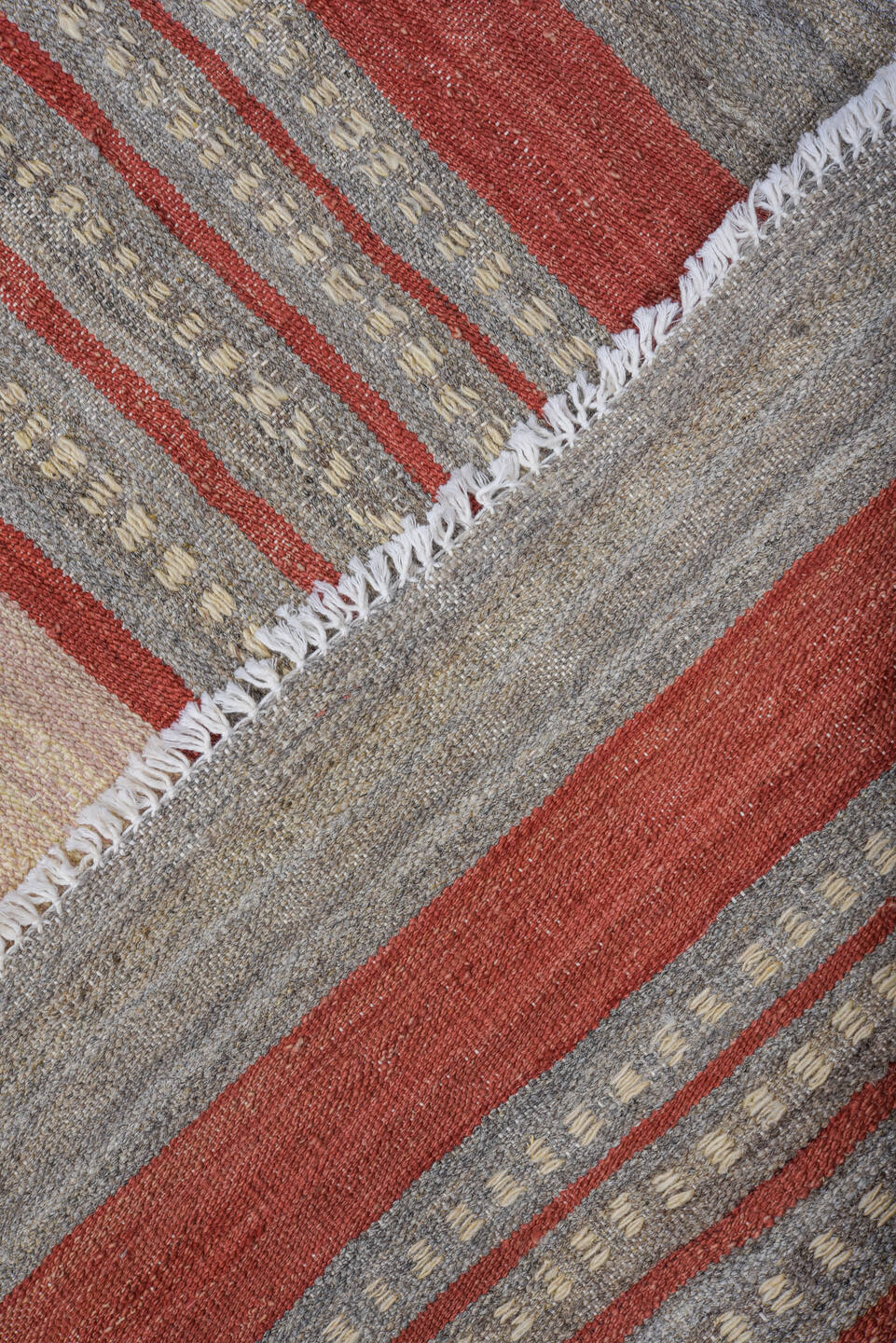 8' x 12' one-of-a-kind handmade vintage Kilim large size rug. Color palette: rose, rust, ivory, sky_blue, sage, gold, taupe