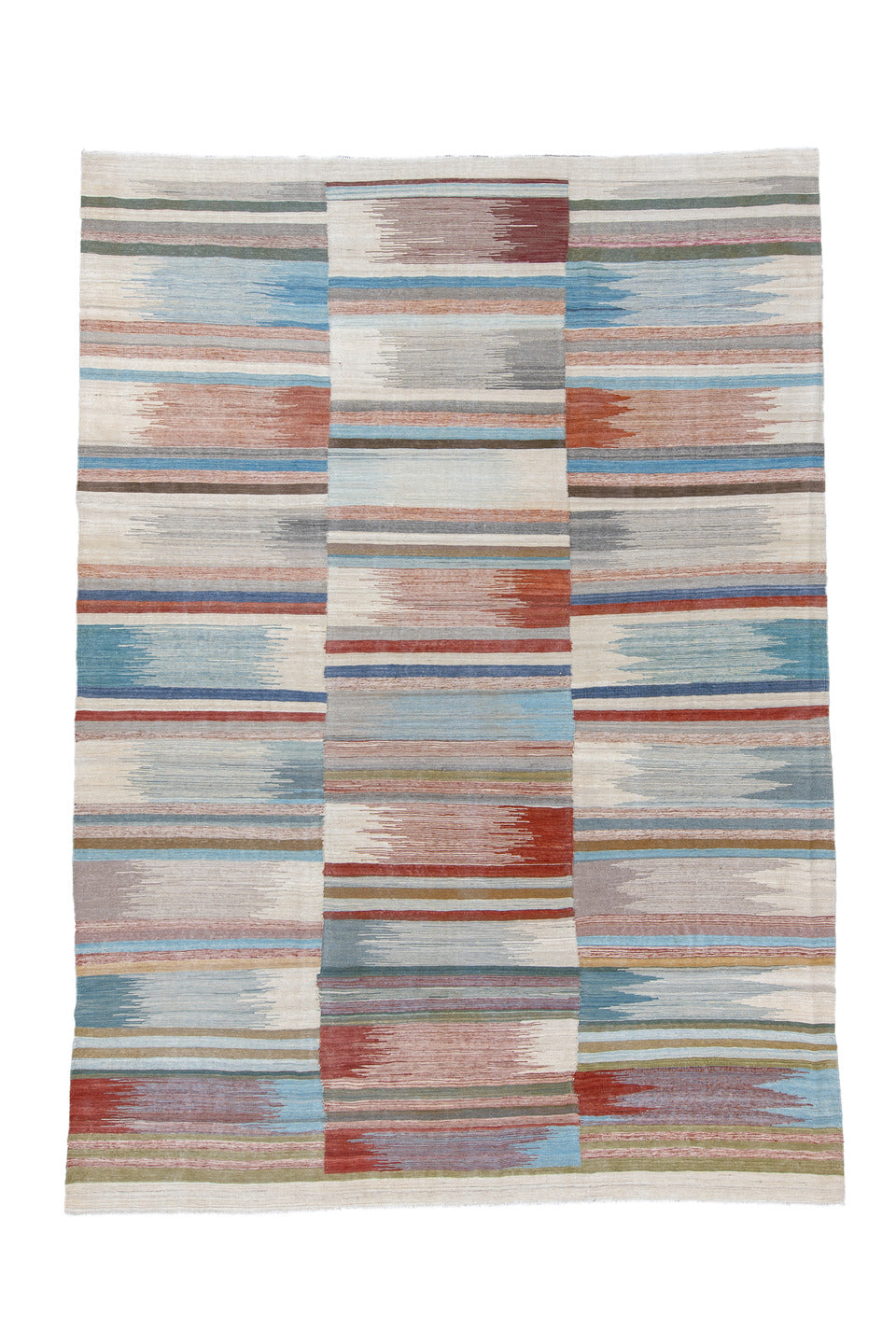 7' x 11' one-of-a-kind handmade vintage Kilim large size rug. Color palette: blue, gray, light blue, light gray