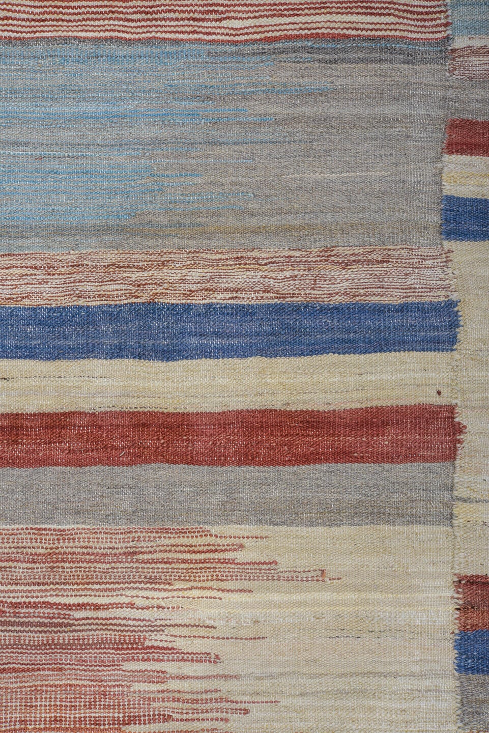8' x 12' one-of-a-kind handmade vintage Kilim large size rug. Color palette: ivory, sky blue, rust, gray, sage, blush, taupe