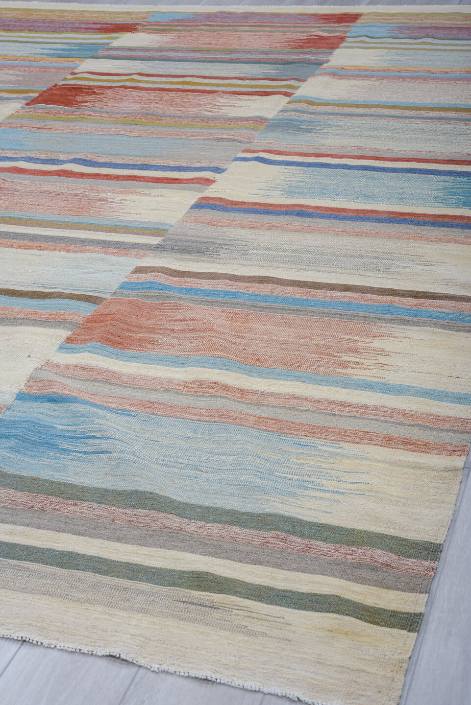 8' x 12' one-of-a-kind handmade vintage Kilim large size rug. Color palette: ivory, sky blue, rust, gray, sage, blush, taupe