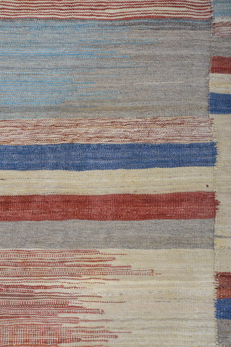 7' x 11' one-of-a-kind handmade vintage Kilim large size rug. Color palette: blue, gray, light blue, light gray