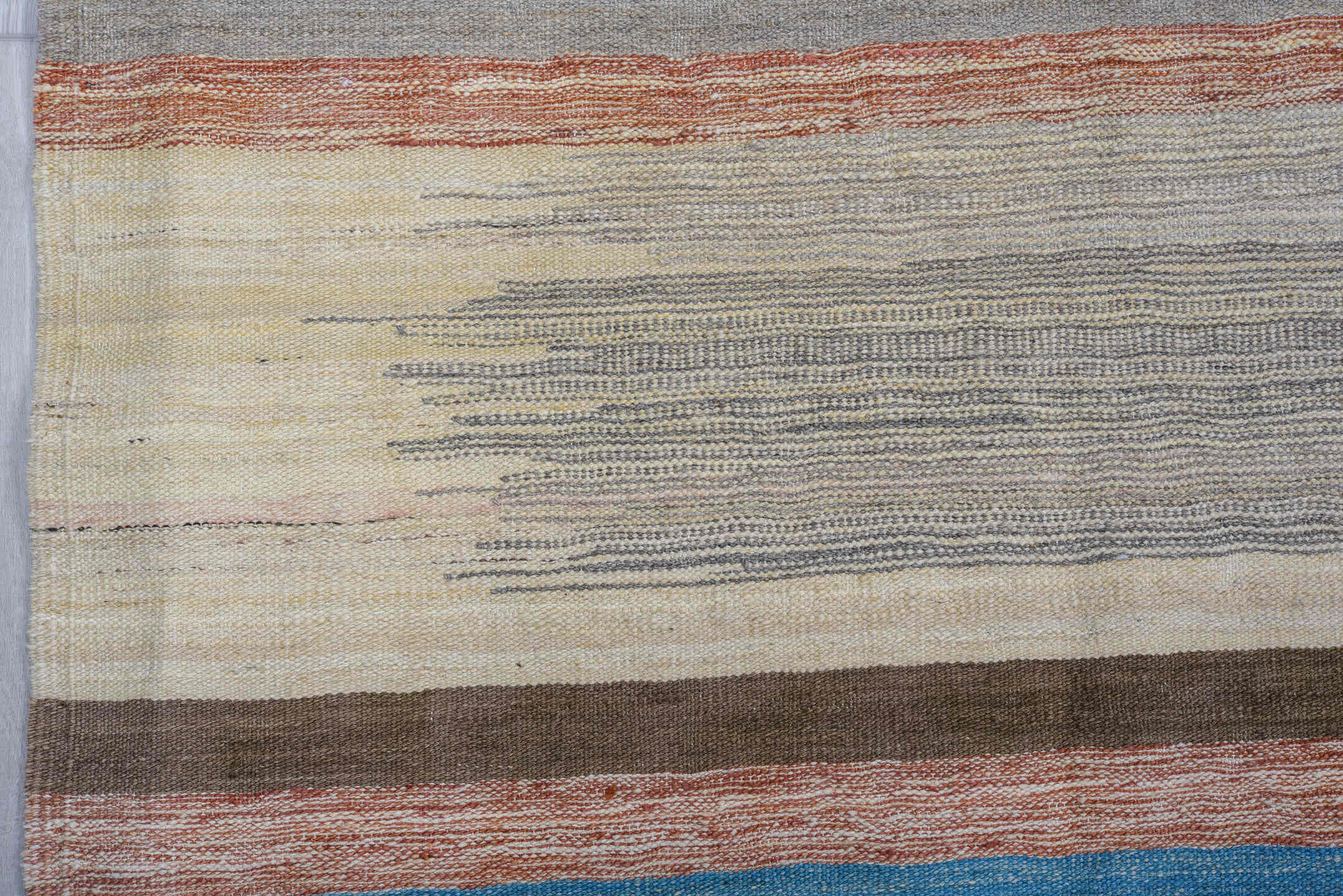 8' x 12' one-of-a-kind handmade vintage Kilim large size rug. Color palette: ivory, sky blue, rust, gray, sage, blush, taupe