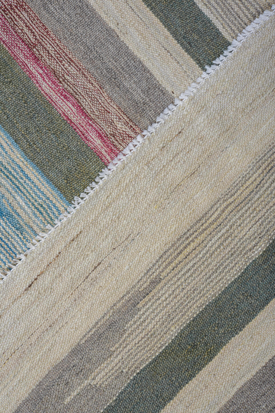 8' x 12' one-of-a-kind handmade vintage Kilim large size rug. Color palette: ivory, sky blue, rust, gray, sage, blush, taupe