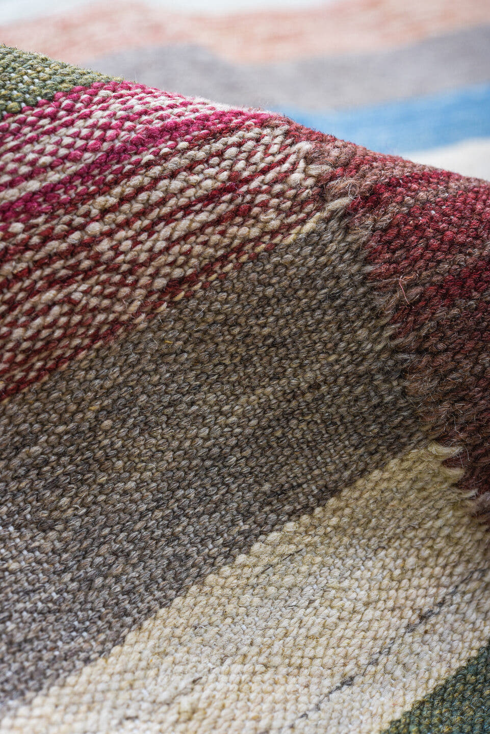 8' x 12' one-of-a-kind handmade vintage Kilim large size rug. Color palette: ivory, sky blue, rust, gray, sage, blush, taupe