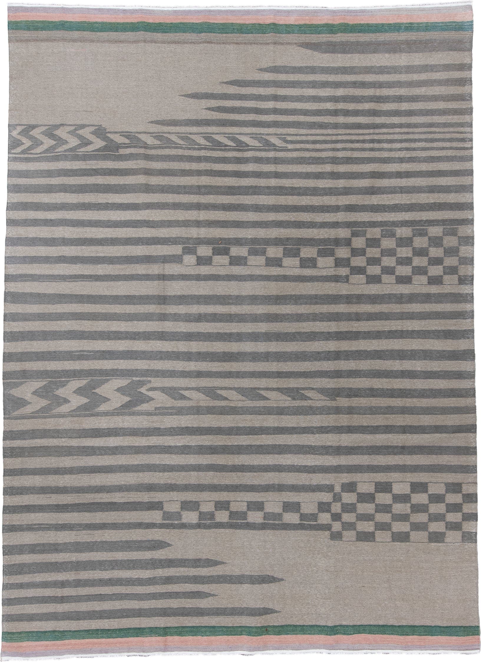 9' x 12' one-of-a-kind handmade vintage Kilim large size rug. Color palette: taupe, charcoal, rose, teal, ivory, beige, gray