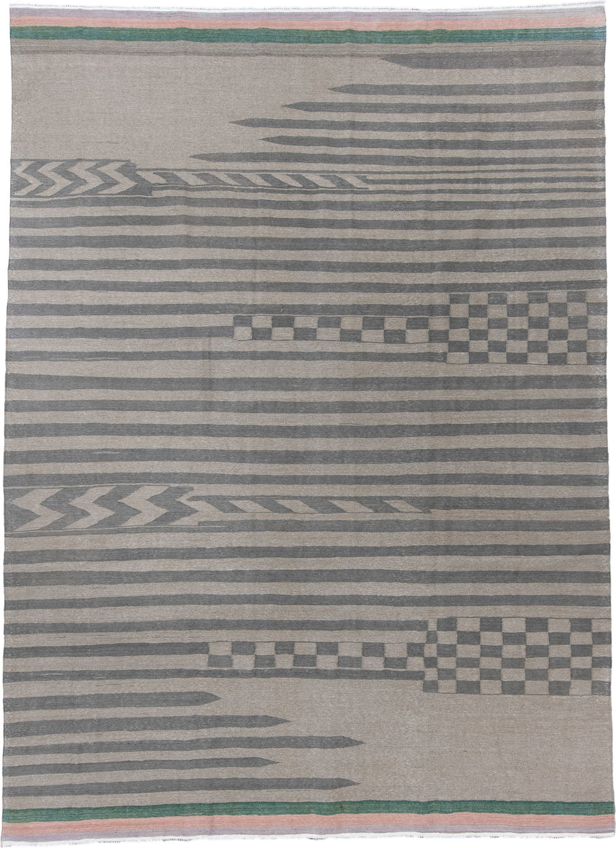 9' x 12' one-of-a-kind handmade vintage Kilim large size rug. Color palette: taupe, charcoal, rose, teal, ivory, beige, gray