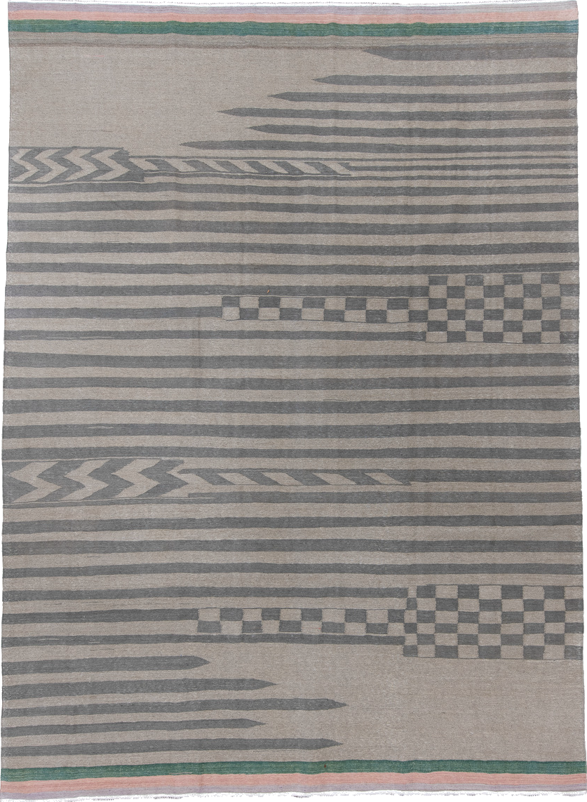 9' x 12' one-of-a-kind handmade vintage Kilim large size rug. Color palette: dark gray, dark slate gray, dim gray, gray