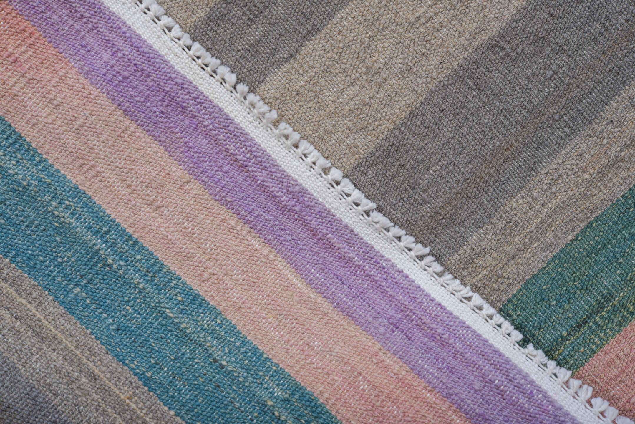 9' x 12' one-of-a-kind handmade vintage Kilim large size rug. Color palette: taupe, charcoal, rose, teal, ivory, beige, gray