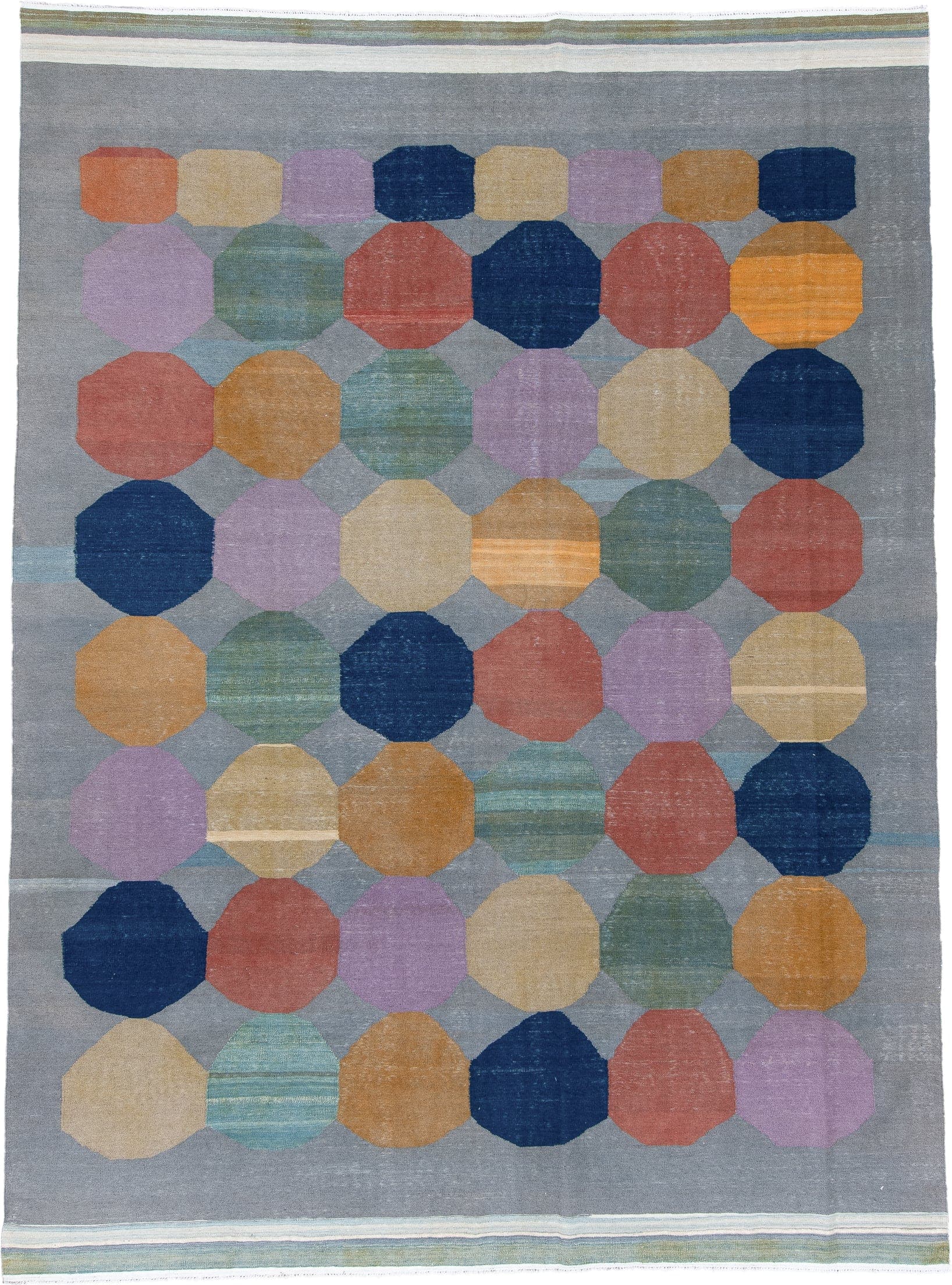 9' x 12' one-of-a-kind handmade vintage Kilim large size rug. Color palette: gray, navy, lavender, gold, sage, terra cotta