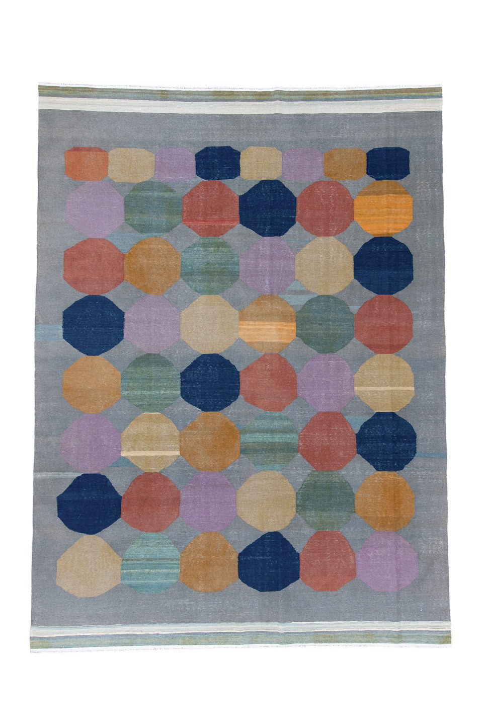 9' x 12' one-of-a-kind handmade vintage Kilim large size rug. Color palette: black, blue, brown, dim gray, gray, light gray