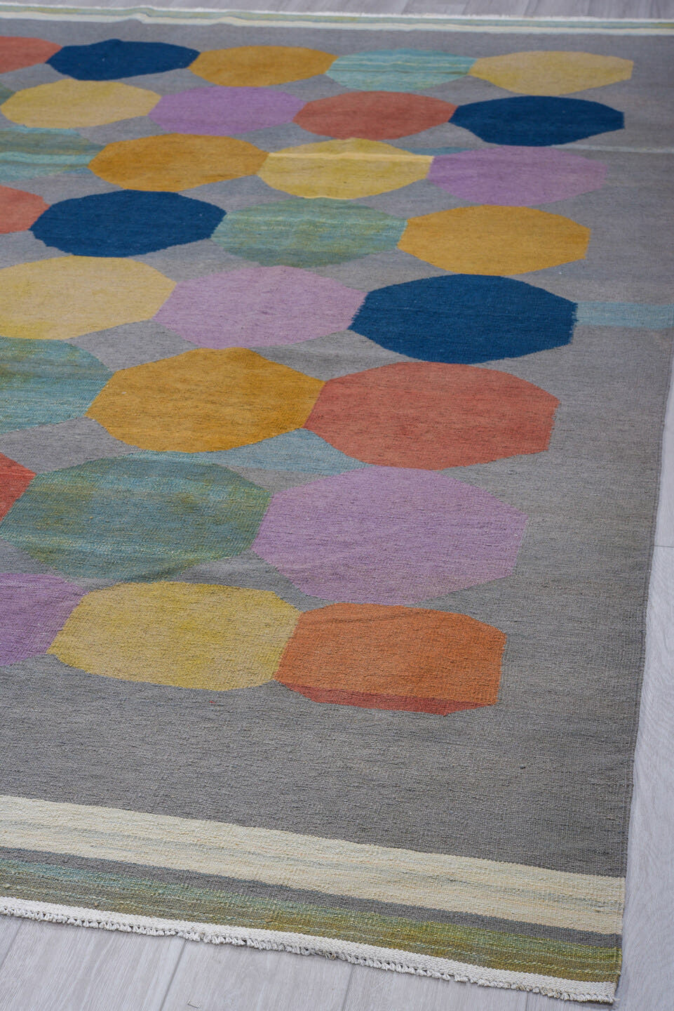 9' x 12' one-of-a-kind handmade vintage Kilim large size rug. Color palette: gray, navy, lavender, gold, sage, terra cotta