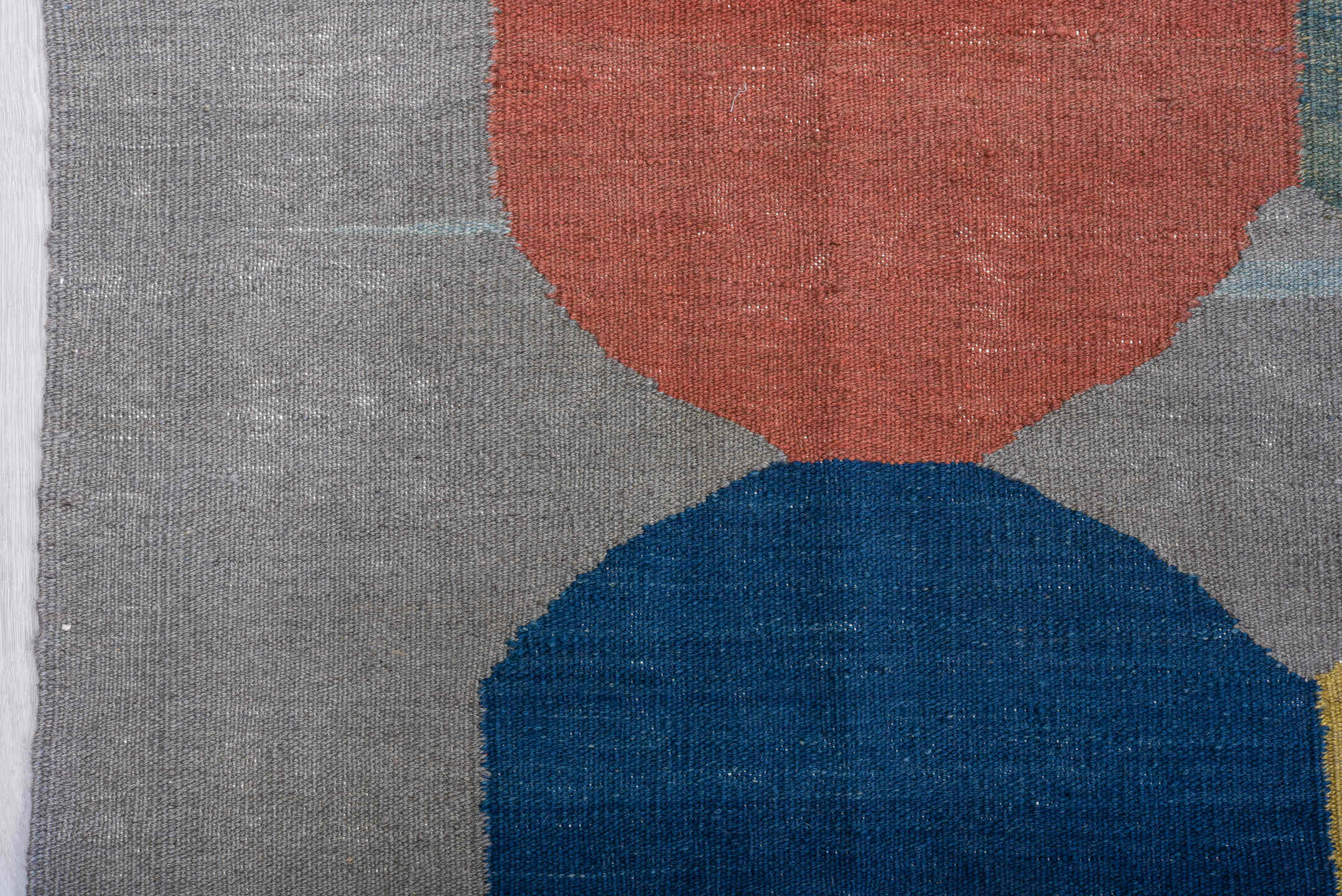 9' x 12' one-of-a-kind handmade vintage Kilim large size rug. Color palette: gray, navy, lavender, gold, sage, terra cotta