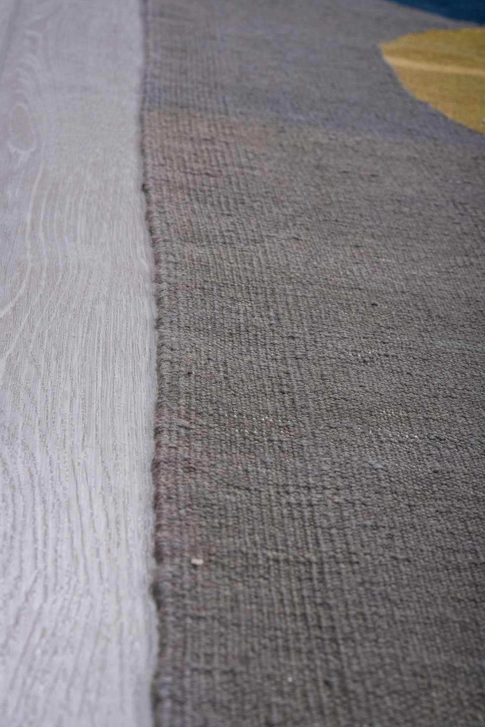9' x 12' one-of-a-kind handmade vintage Kilim large size rug. Color palette: gray, navy, lavender, gold, sage, terra cotta