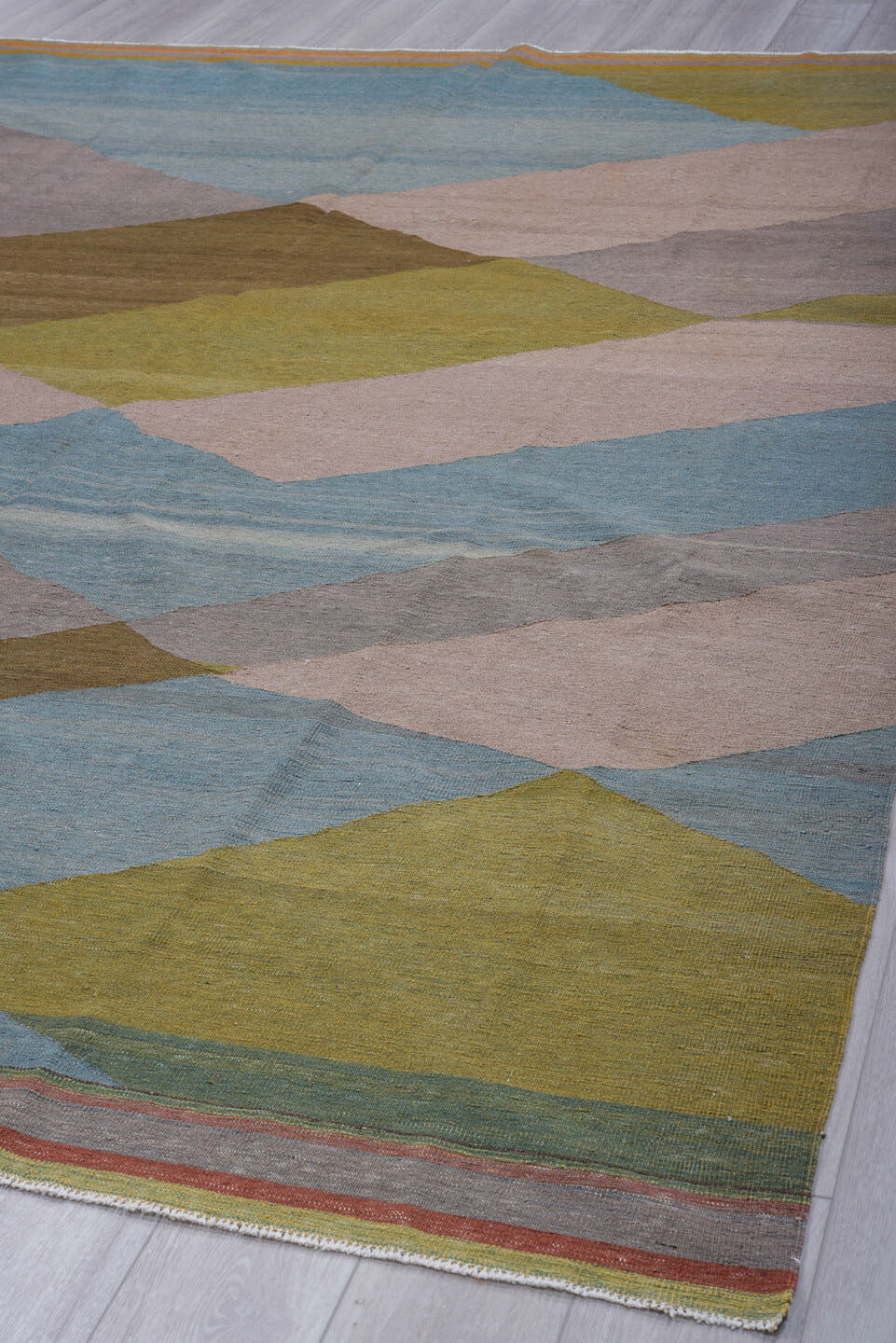 9' x 12' one-of-a-kind handmade vintage Kilim large size rug. Color palette: sky blue, taupe, olive, brown, blush, rust