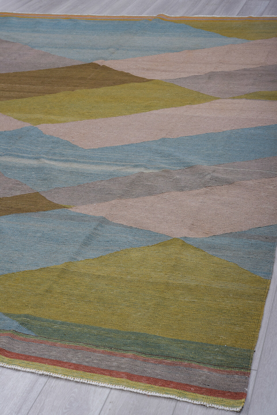 9' x 12' one-of-a-kind handmade vintage Kilim large size rug. Color palette: sky blue, taupe, olive, brown, blush, rust