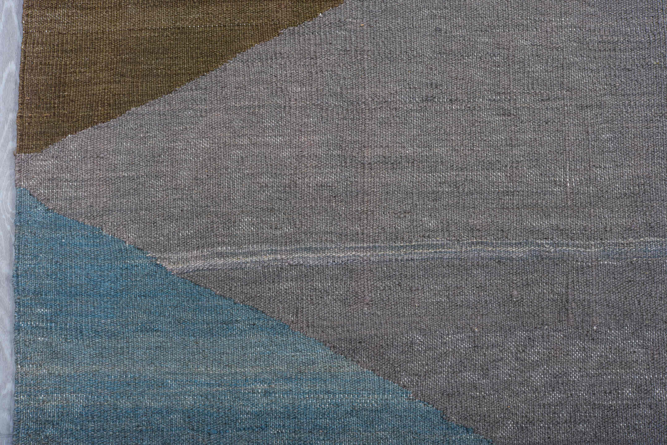 9' x 12' one-of-a-kind handmade vintage Kilim large size rug. Color palette: sky blue, taupe, olive, brown, blush, rust