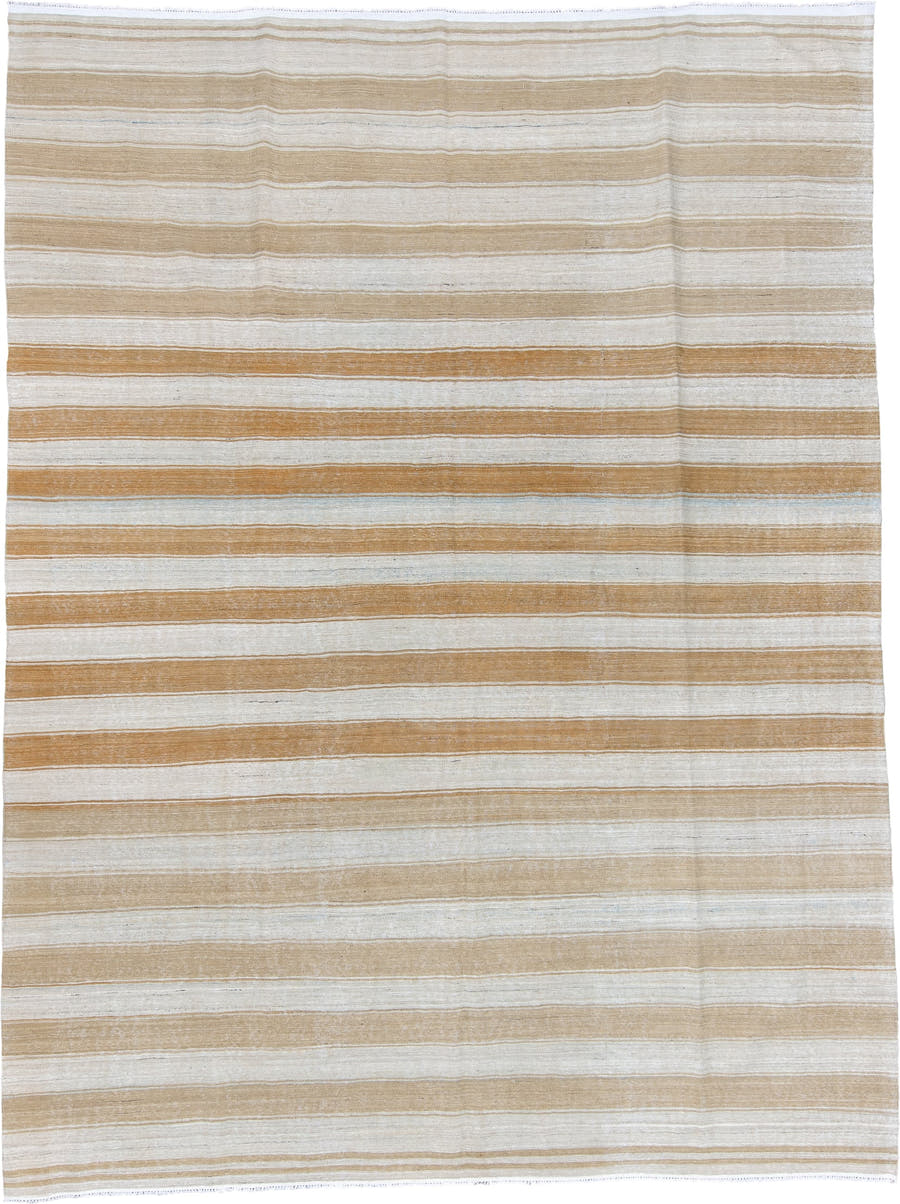 8' x 12' one-of-a-kind handmade vintage Kilim large size rug. Color palette: ivory, camel, gold, cream, beige