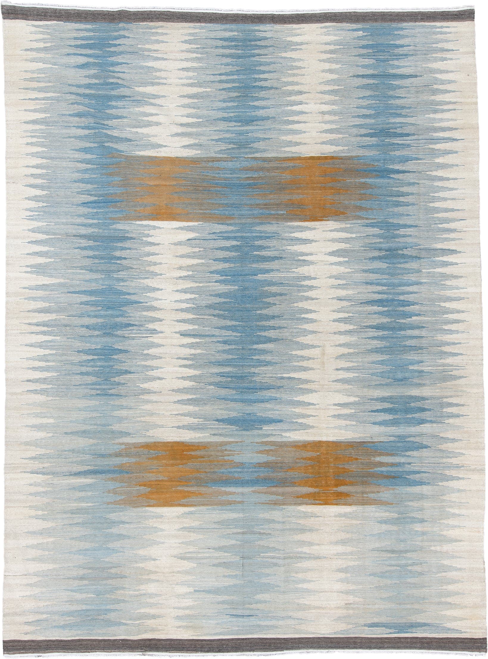 8' x 11' one-of-a-kind handmade vintage Kilim large size rug. Color palette: ivory, sky blue, camel, charcoal, cream