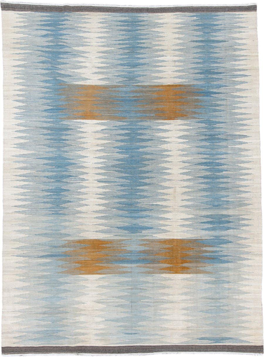 8' x 11' one-of-a-kind handmade vintage Kilim large size rug. Color palette: ivory, sky blue, camel, charcoal, cream