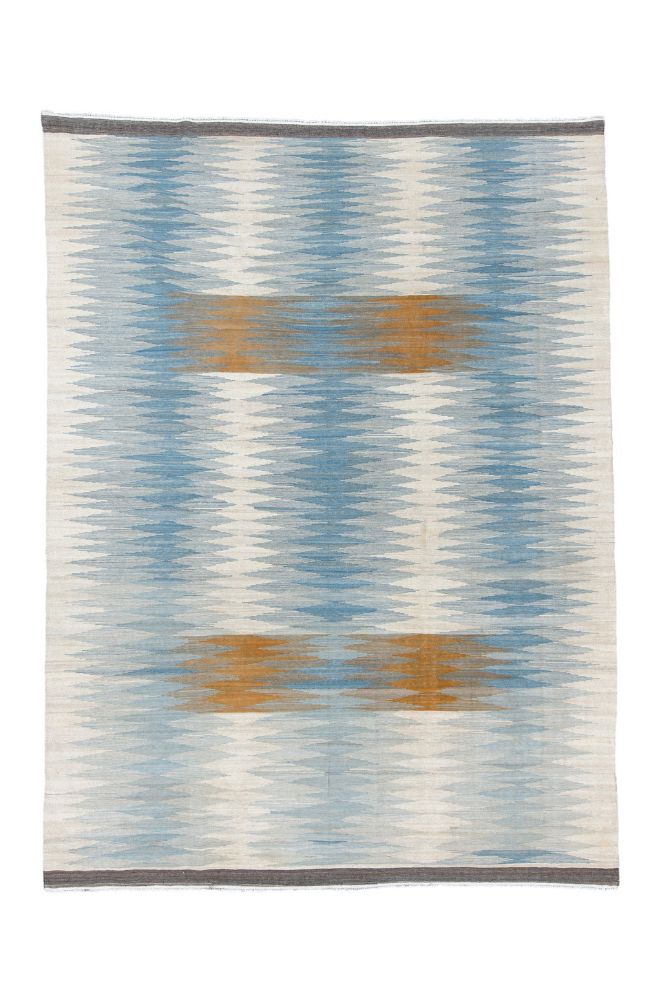 8' x 11' one-of-a-kind handmade vintage Kilim large size rug. Color palette: brown, dark gray, dim gray, gray, light blue