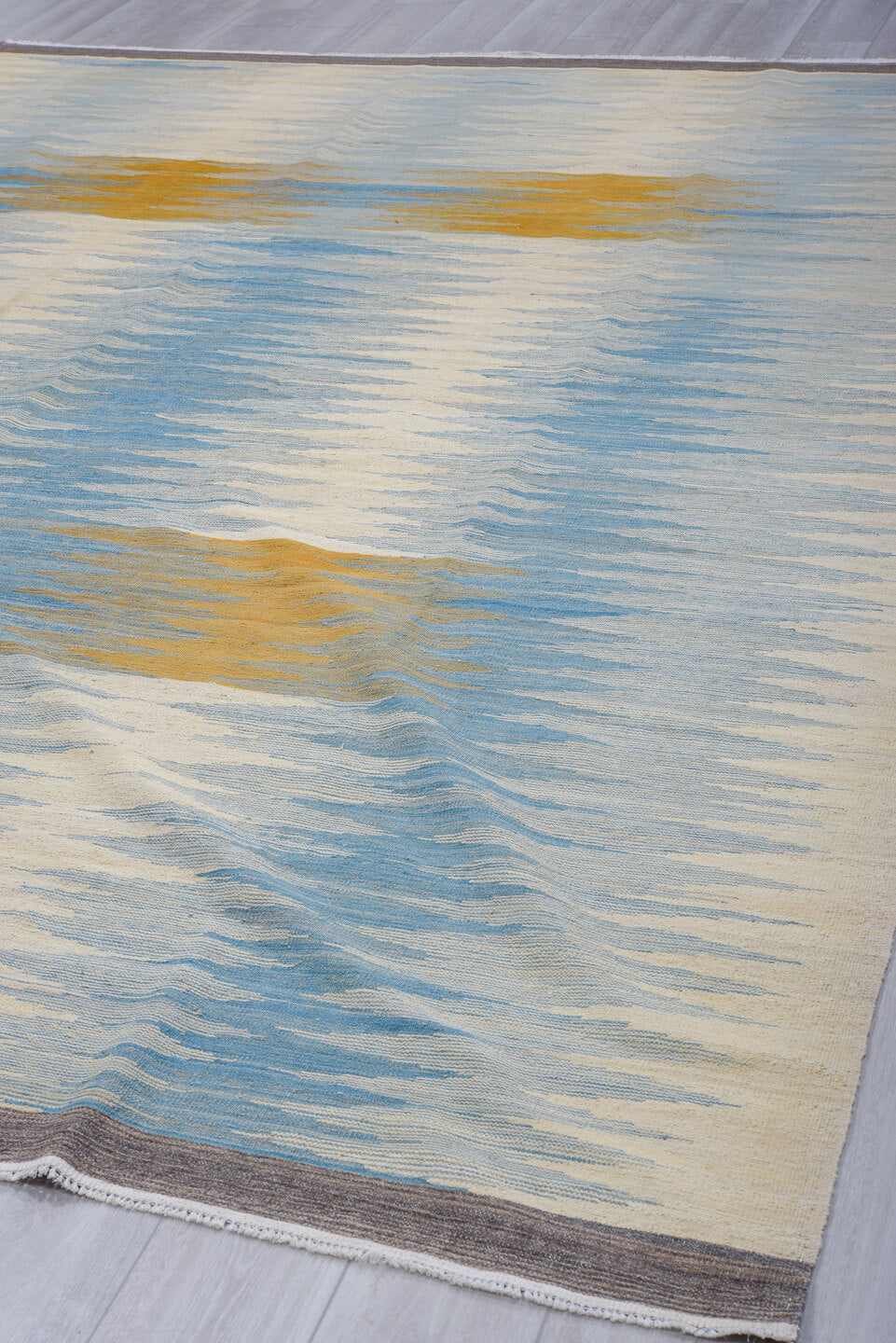 8' x 11' one-of-a-kind handmade vintage Kilim large size rug. Color palette: ivory, sky blue, camel, charcoal, cream