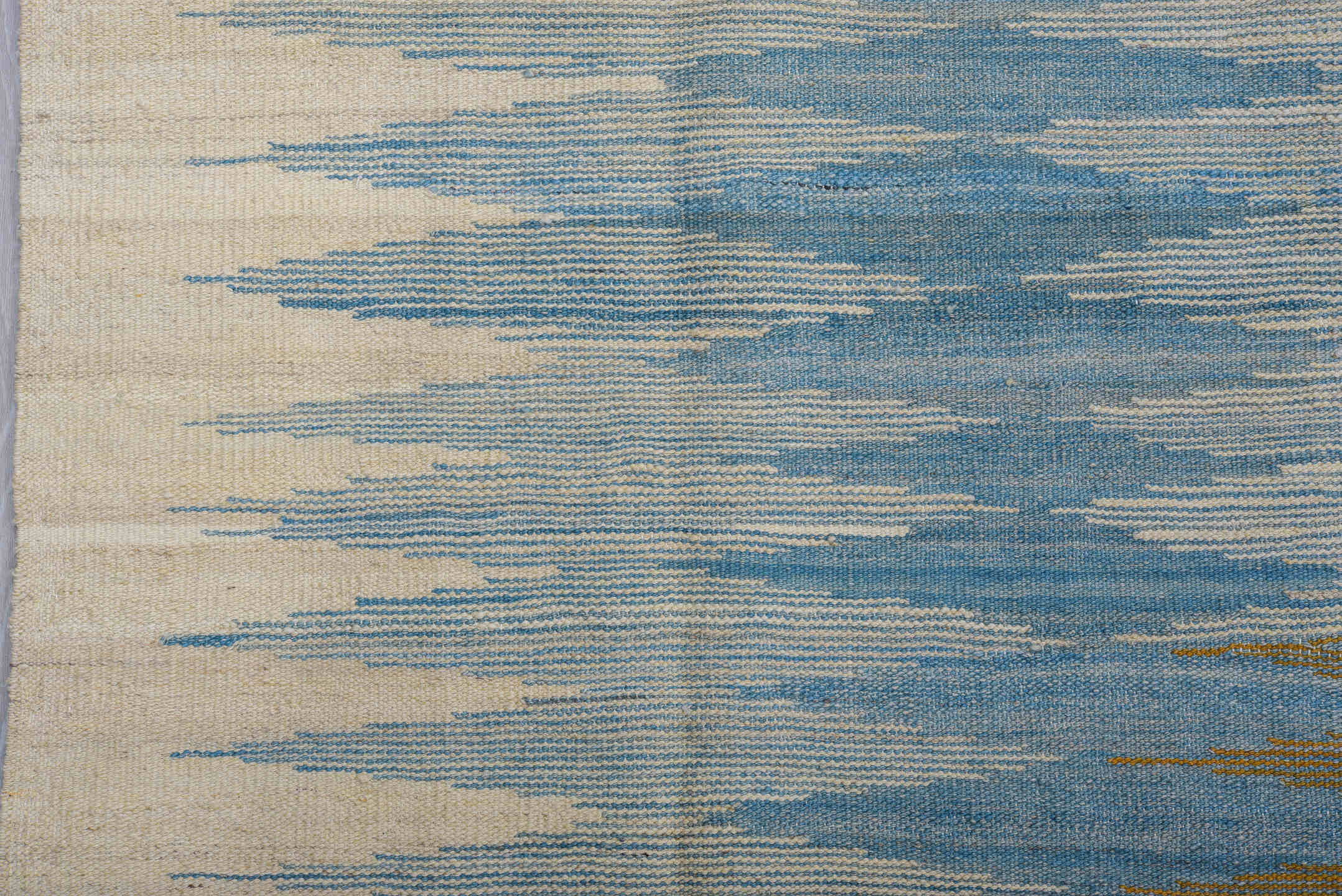 8' x 11' one-of-a-kind handmade vintage Kilim large size rug. Color palette: ivory, sky blue, camel, charcoal, cream