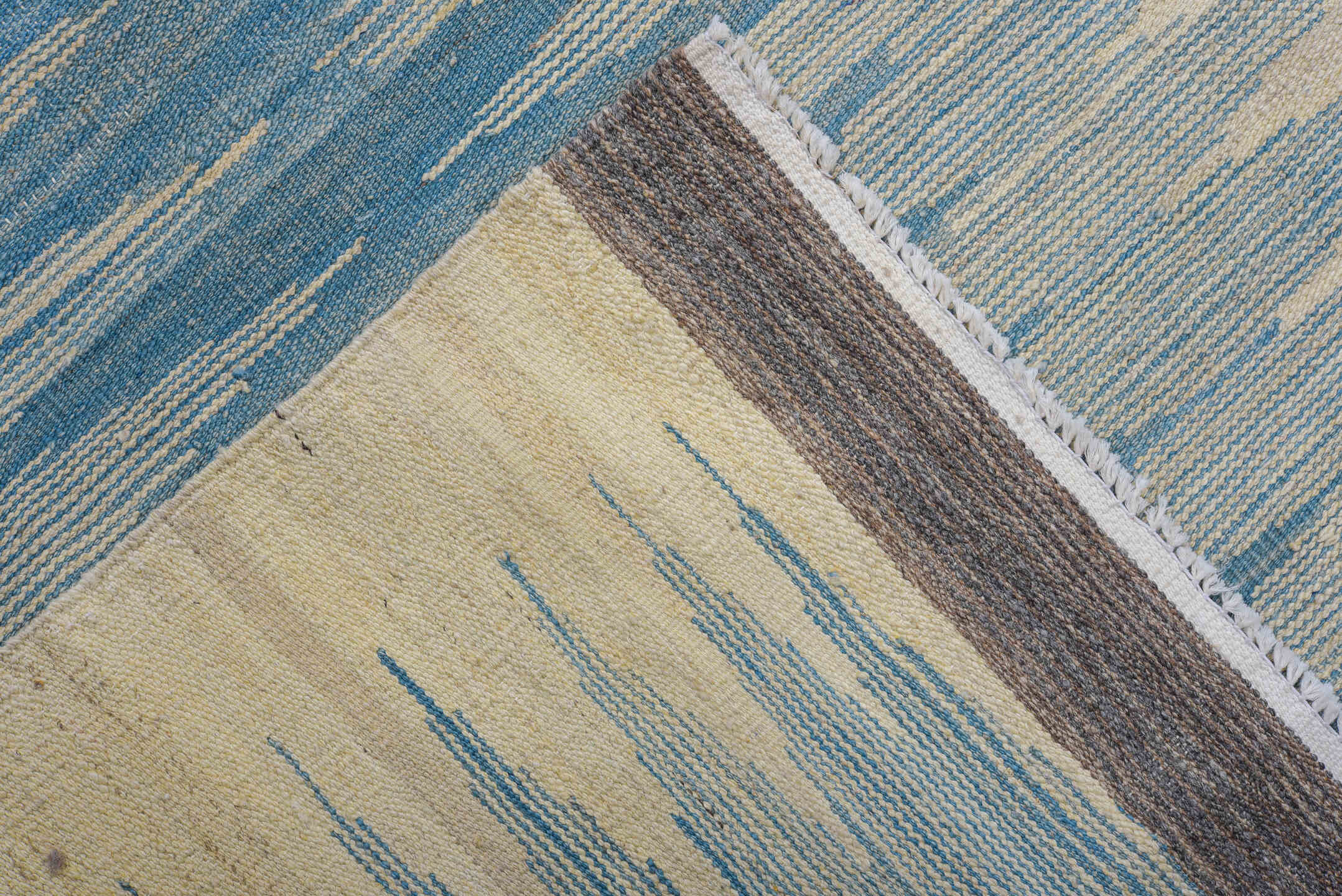 8' x 11' one-of-a-kind handmade vintage Kilim large size rug. Color palette: ivory, sky blue, camel, charcoal, cream