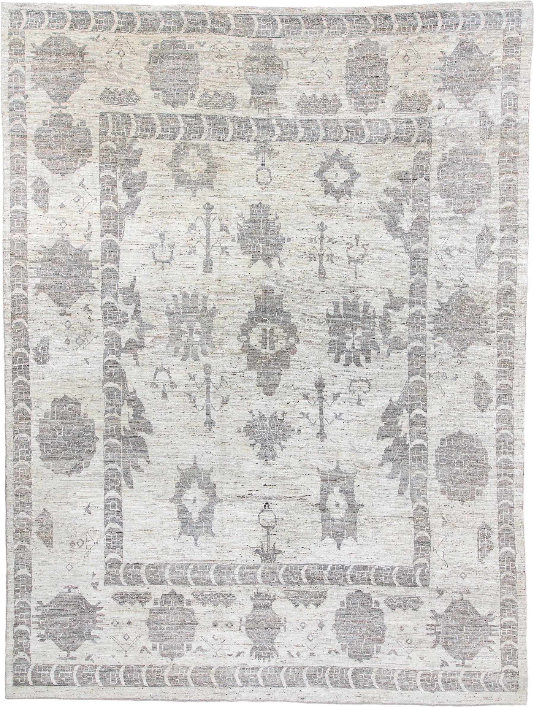 9' x 12' one-of-a-kind handmade vintage Tulu large size rug. Color palette: ivory, taupe, silver, beige, greige, gray