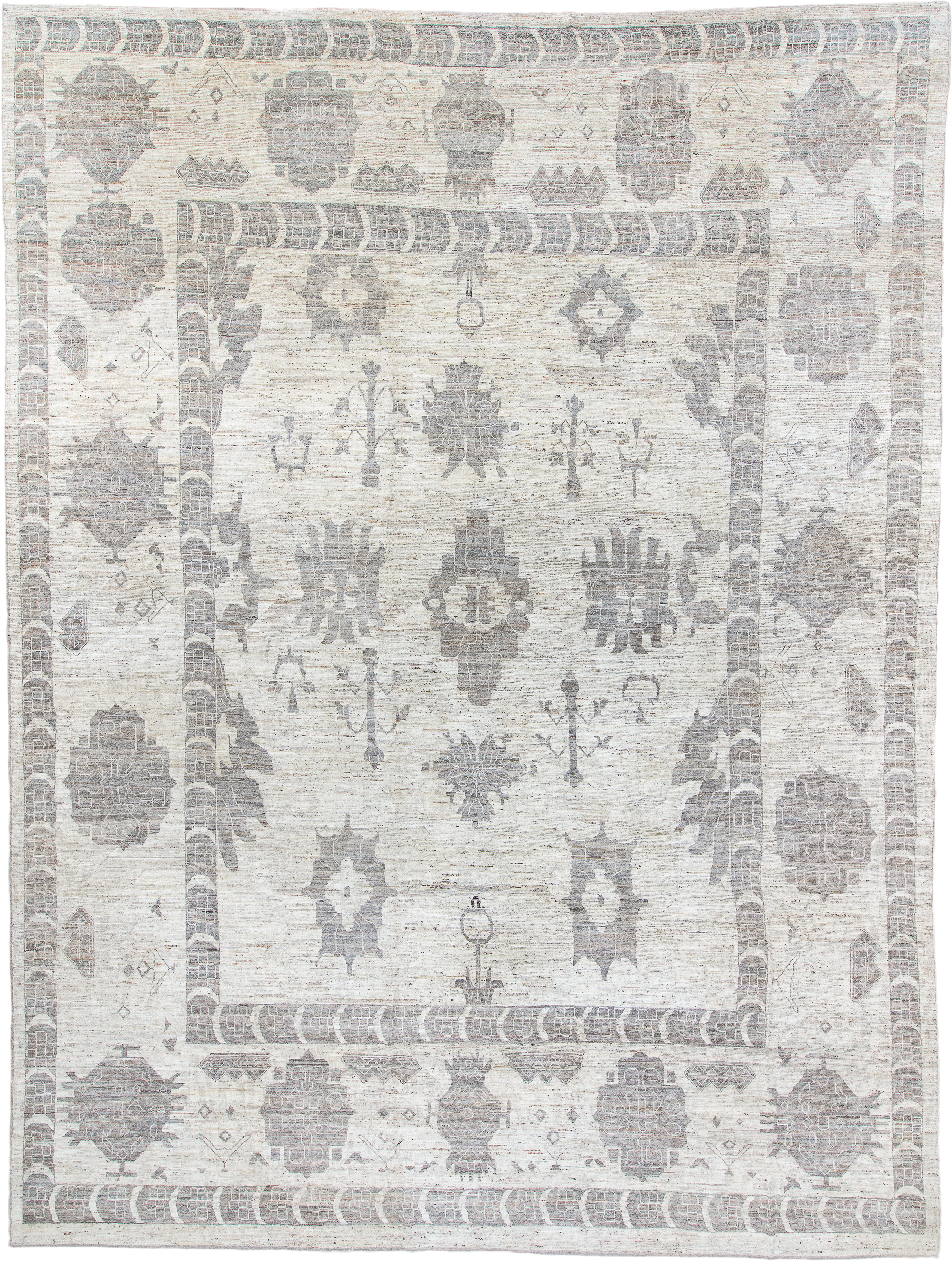 9' x 12' one-of-a-kind handmade vintage Tulu large size rug. Color palette: ivory, taupe, silver, beige, greige, gray