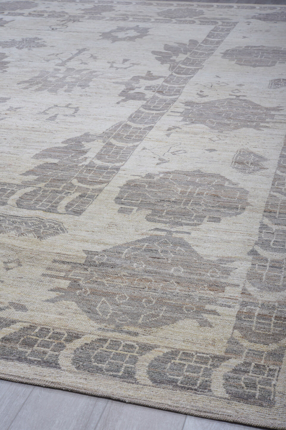 9' x 12' one-of-a-kind handmade vintage Tulu large size rug. Color palette: ivory, taupe, silver, beige, greige, gray