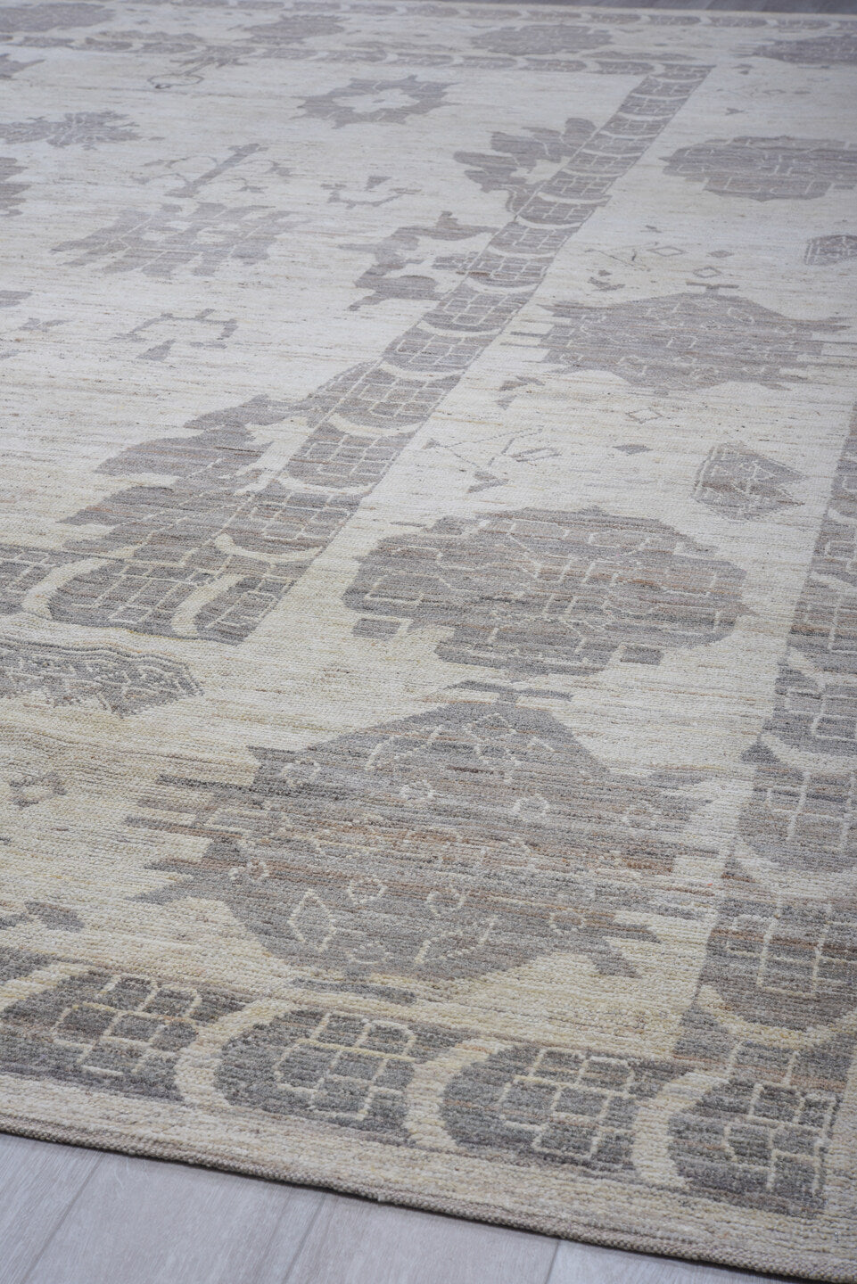 9' x 12' one-of-a-kind handmade vintage Tulu large size rug. Color palette: ivory, taupe, silver, beige, greige, gray