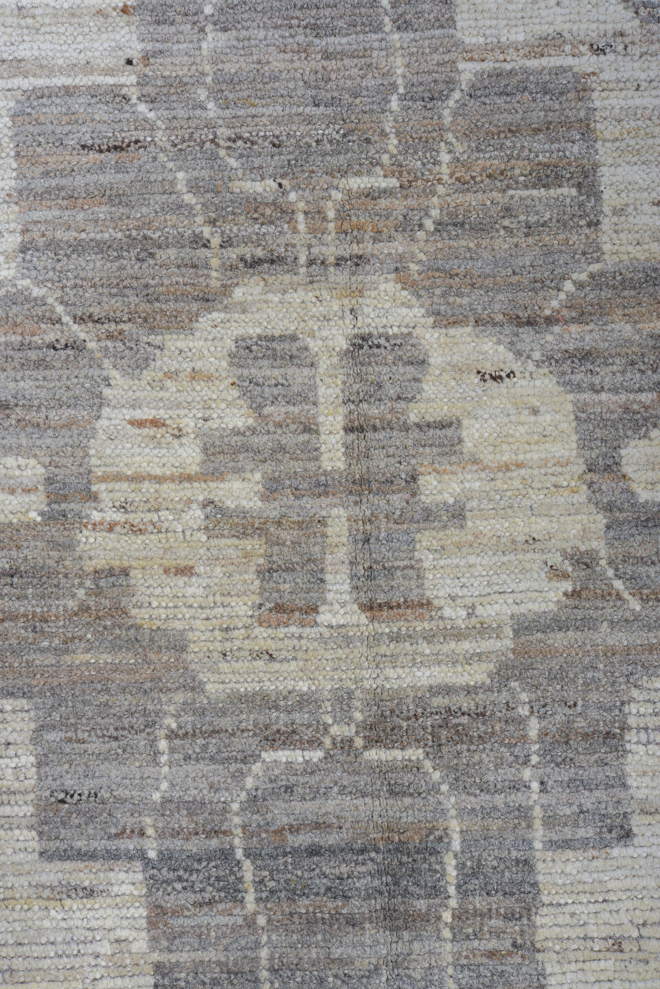 9' x 12' one-of-a-kind handmade vintage Tulu large size rug. Color palette: ivory, taupe, silver, beige, greige, gray