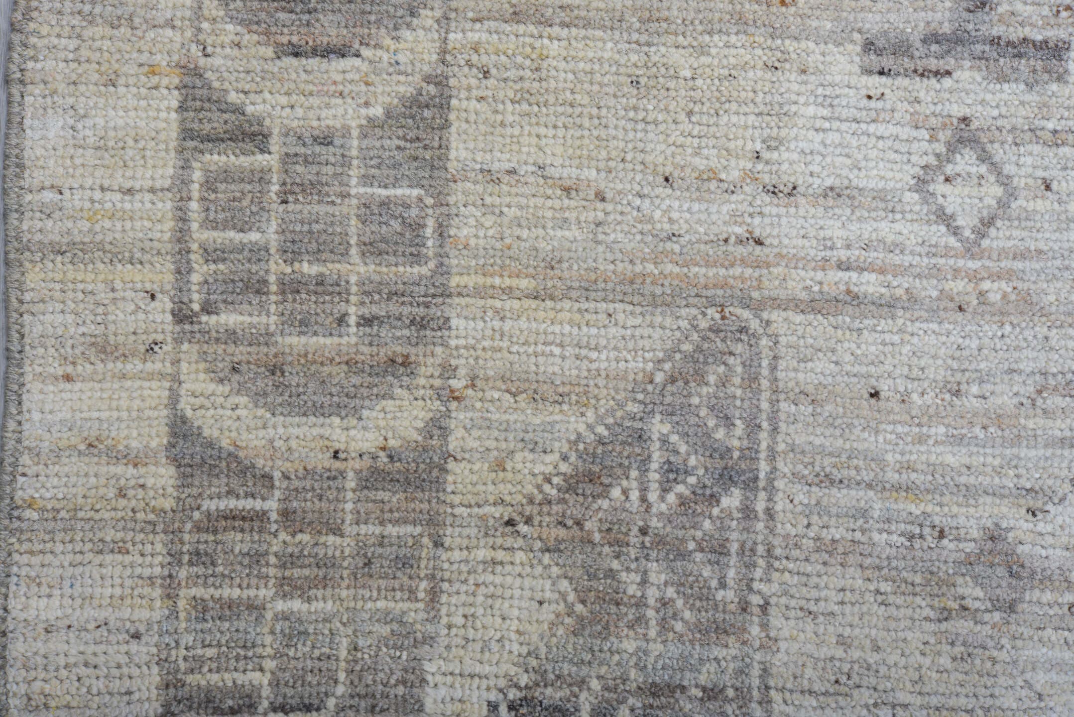9' x 12' one-of-a-kind handmade vintage Tulu large size rug. Color palette: ivory, taupe, silver, beige, greige, gray