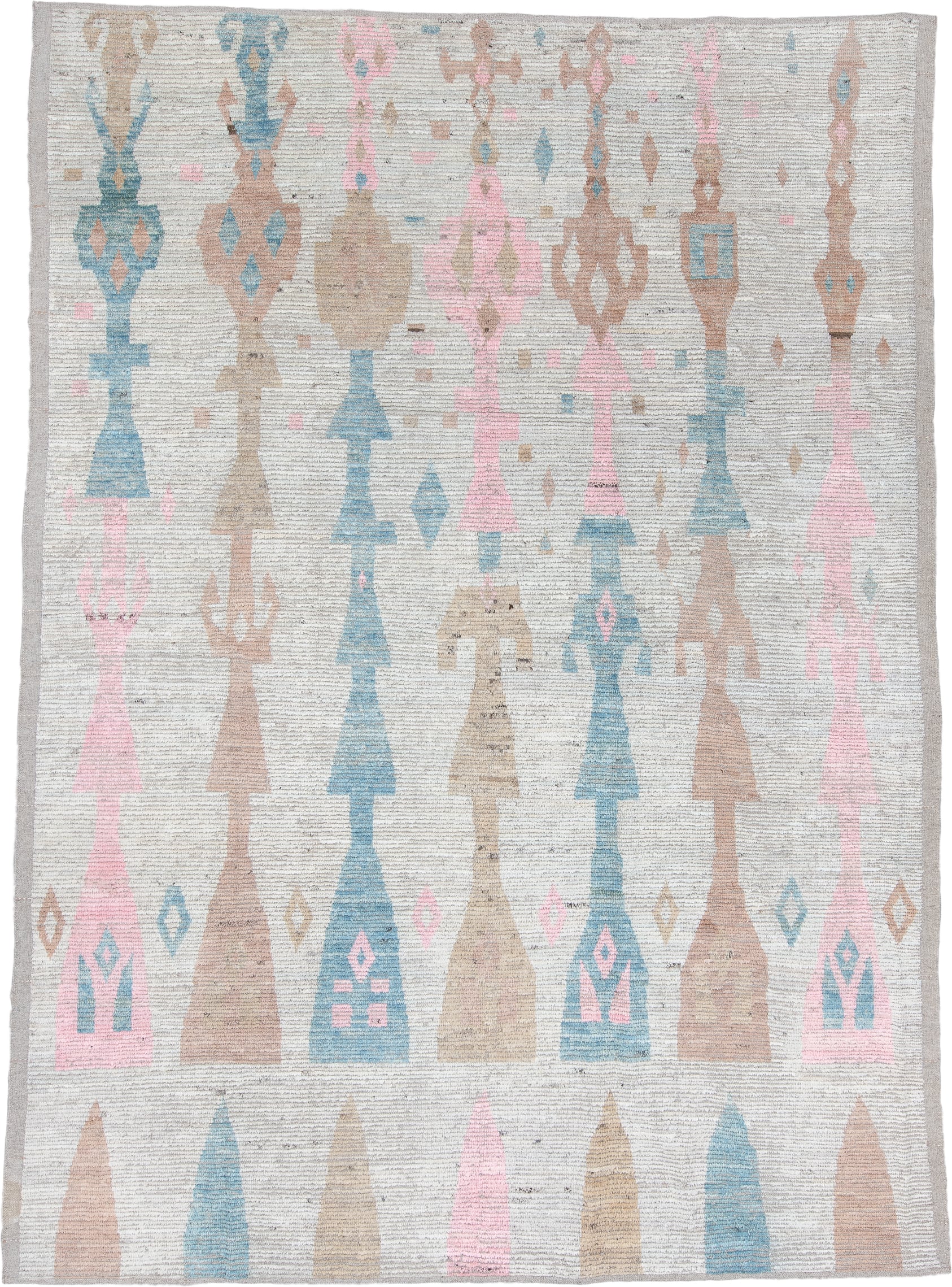 17' x 20' one-of-a-kind handmade vintage Tulu oversize rug. Color palette: ivory, sky blue, blush, camel, taupe, light blue